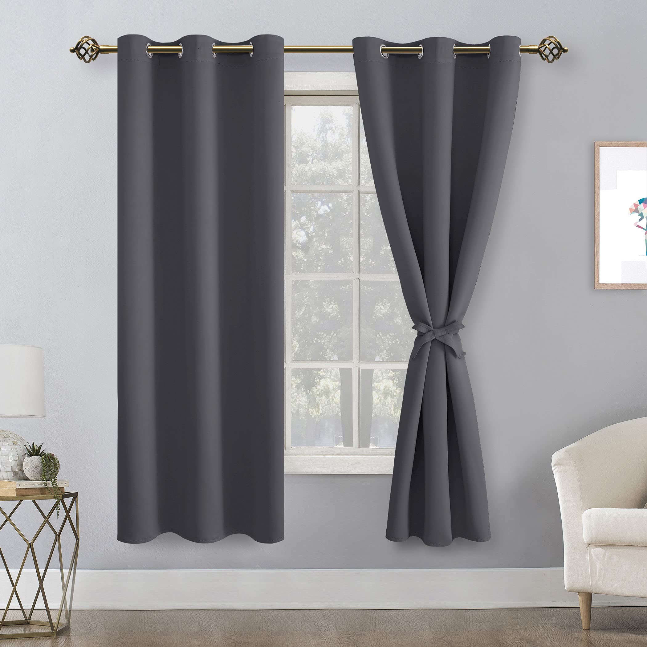 Hiasan Blackout Curtains For Bedroom, Thermal Insulated, Light Blocking, Noise Reducing Window Curtain Panels, Tiebacks Included, Set Of 2, Grommet Top (Dark Grey, Width 38 Inch X Length 72 Inch)