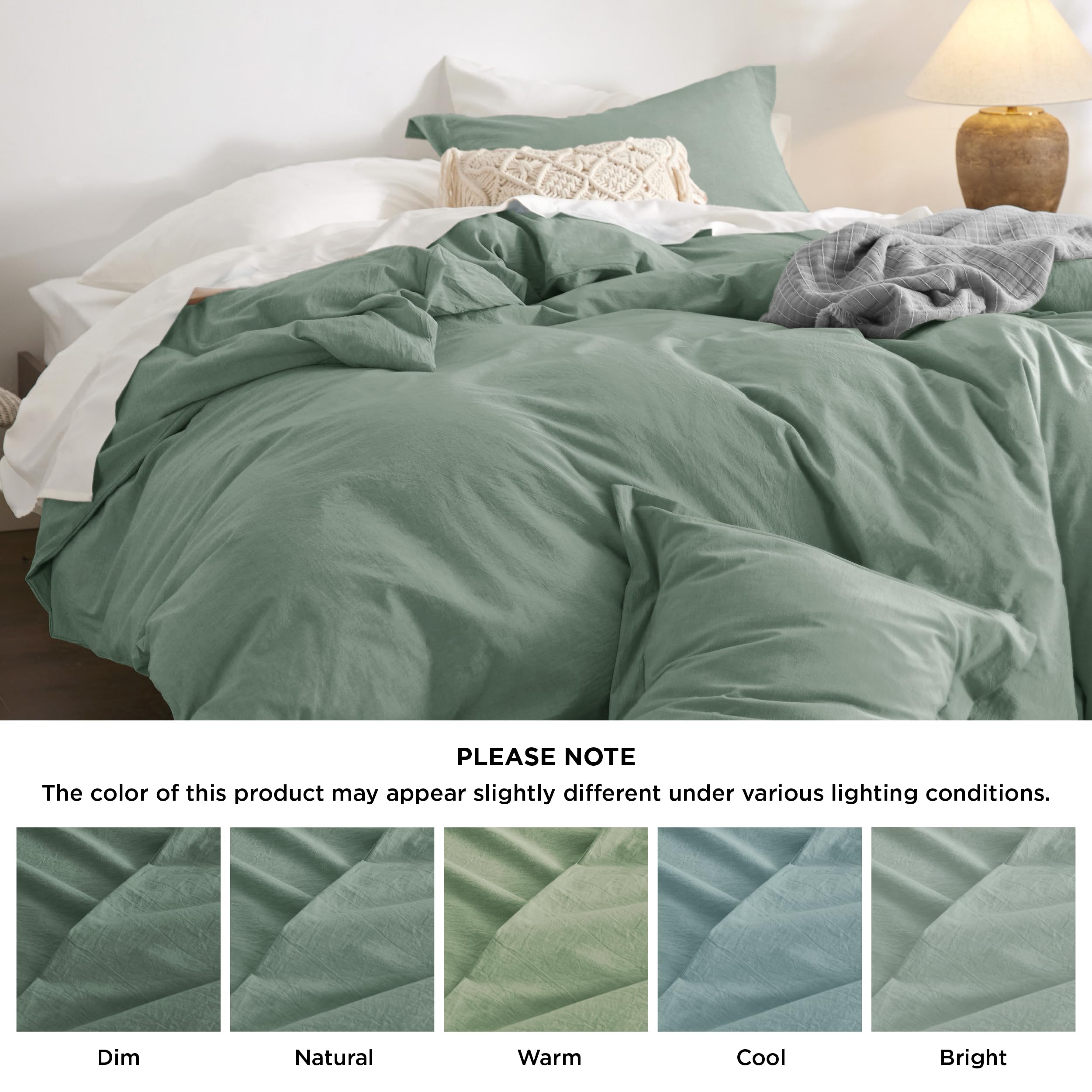 Bedsure 100% Washed Cotton Duvet Cover Queen - Green Minimalist Cotton Duvet Cover Linen Like - 3 Pieces Gentlesoft™ Plain Simple Bedding Set With 2 Pillow Shams (Green, Queen, 90'X90')