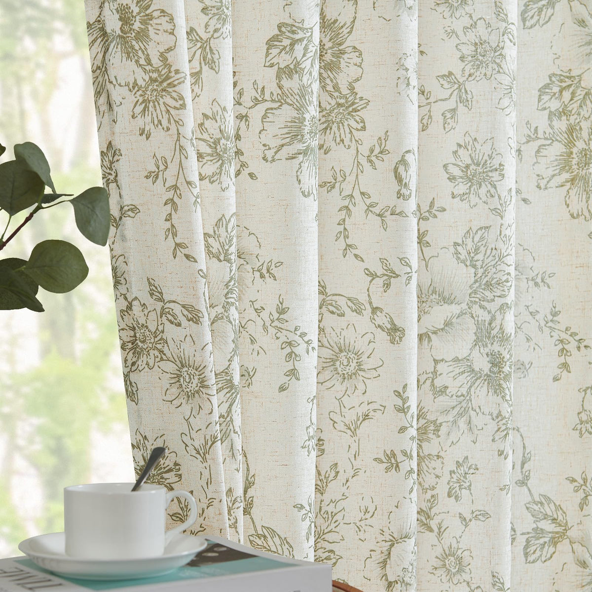 Jinchan Linen Curtains Floral Curtains For Living Room 108 Inch Length Sage Green Printed Curtains Rod Pocket Back Tab Farmhouse