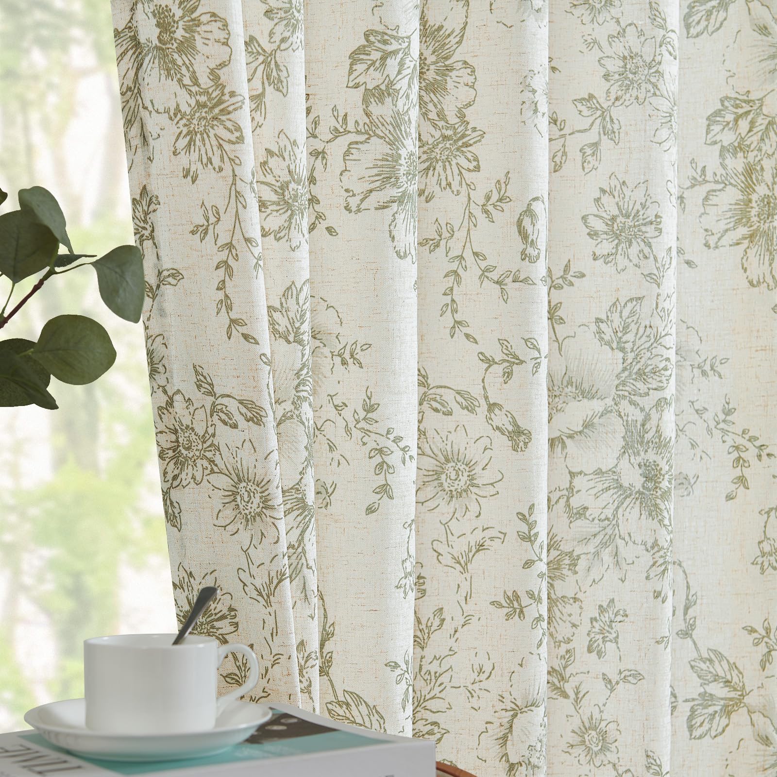 Jinchan Linen Curtains Floral Curtains For Living Room 84 Inch Length Sage Green Printed Curtains Rod Pocket Back Tab Farmhouse