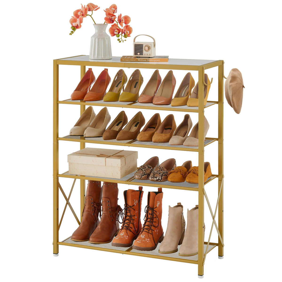 Tajsoon 5 Tier Closet Shoe Rack For 16-20 Pairs Of Shoes, Free Standing Shoe Racks With 2 Hooks, Metal Mesh Shoe Storage Entryway, Shoe Shelf Organizer With X Shape Fixed Frame, White & Gold