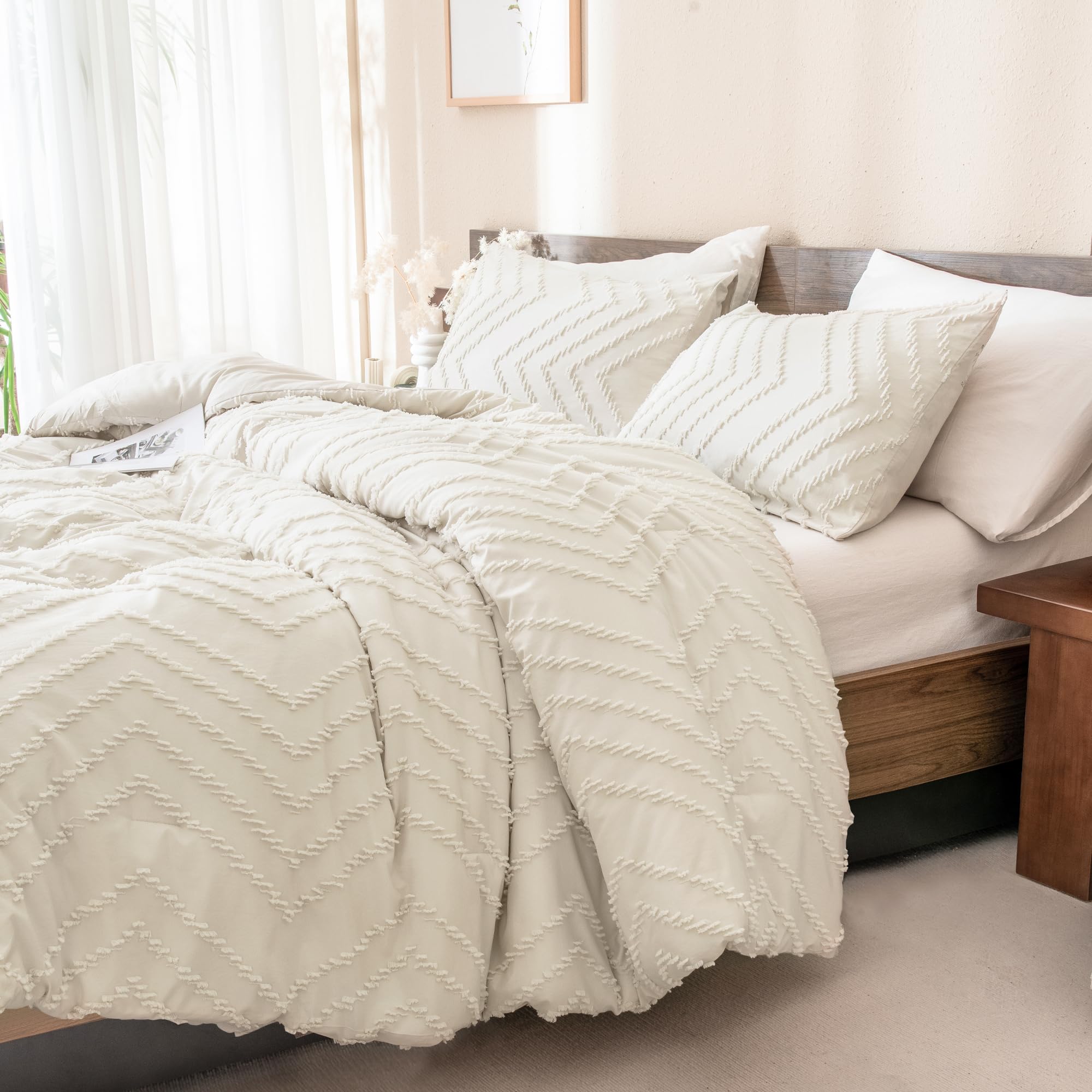 Andency King Size Comforter Set Beige, Boho Cream Soft Warm Tufted Neutral Bedding Comforter Sets For King Size Bed, 3 Pieces Aesthetic Chevron Farmhouse Cute Bohemian Textured Bedding Set