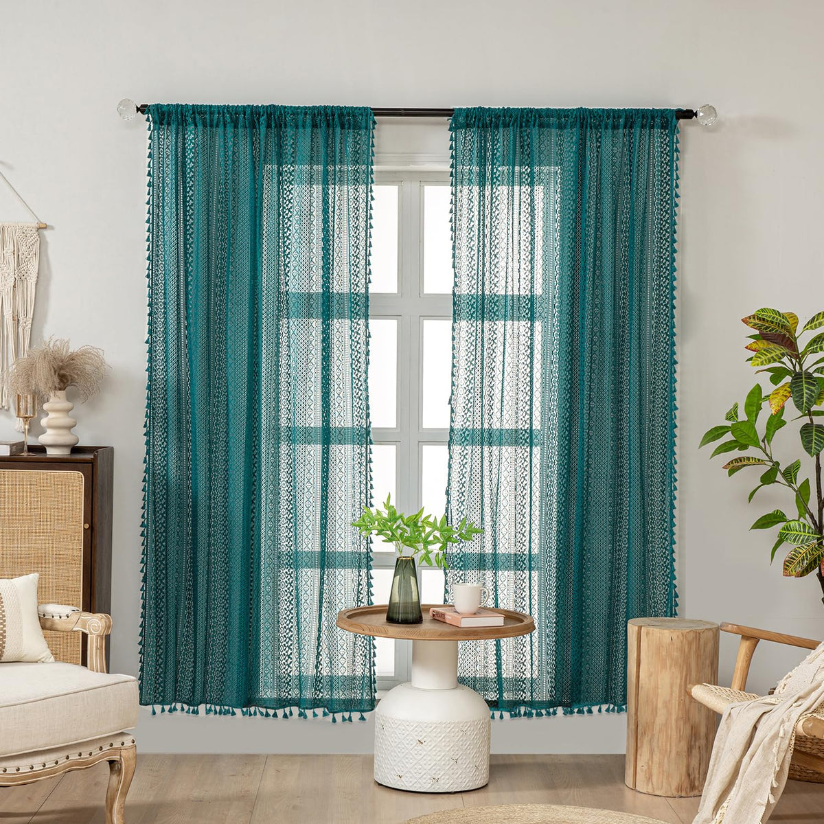 Wazzio Cotton Lace Sheer Curtains 72 Inches Long Rod Pocket Light Filtering See Through Curtain Window Sheers 72 Length Teal Dra