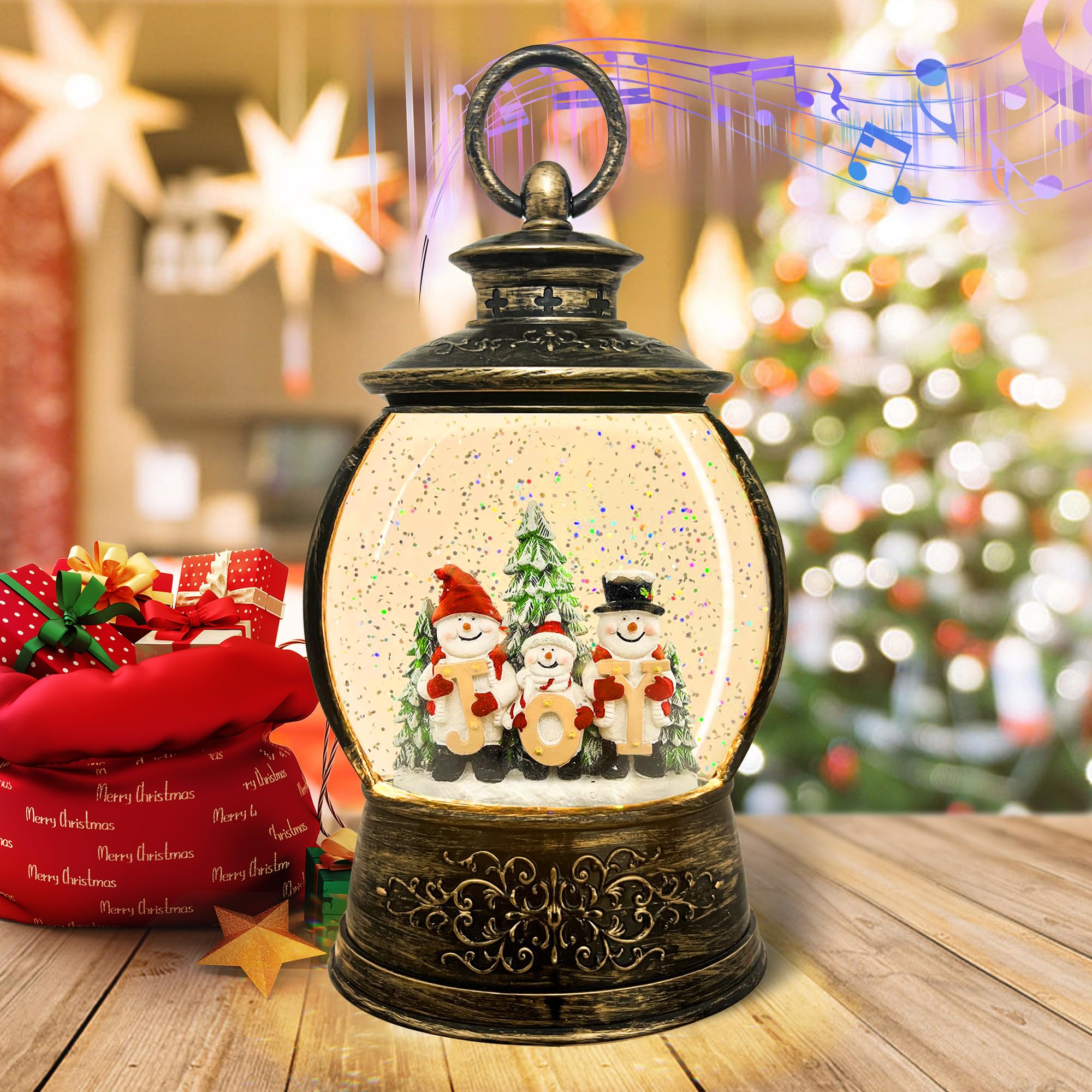 Christmas Snow Globe Lighted Decorations, Santa Snowmans Musical Christmas Snow Globe Lantern with Swirling Glitter, Christmas H