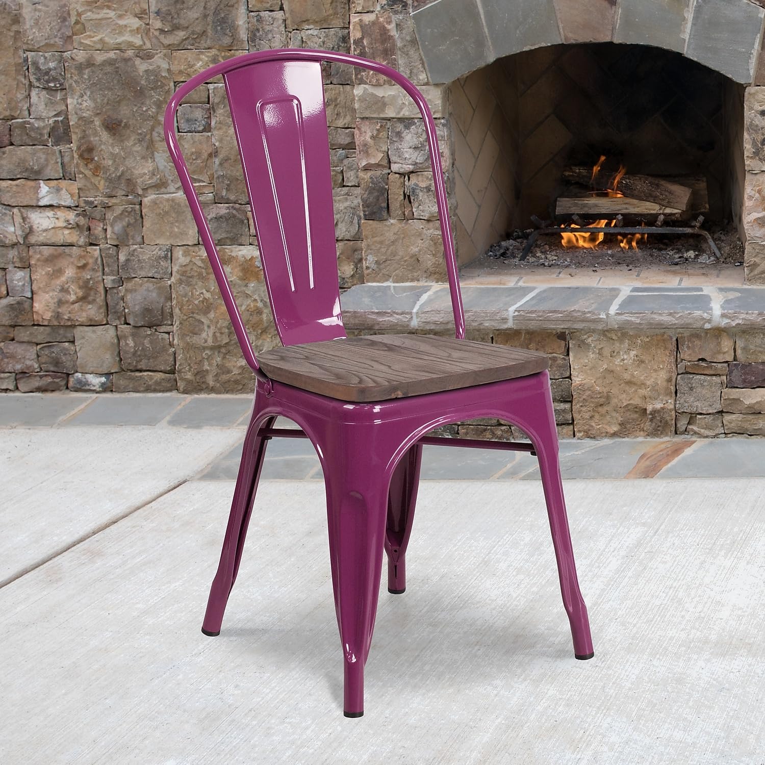 Flash Furniture Tenley Purple Metal Stackable Chair with Wood Seat