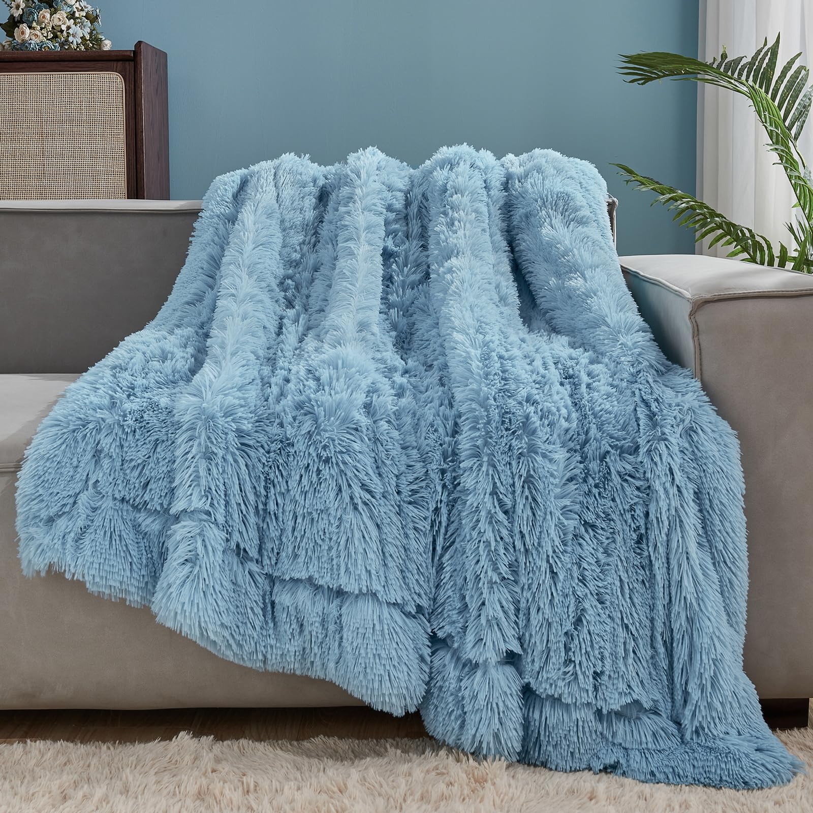 Gonaap Fuzzy Faux Fur Throw Blanket Light Blue Super Soft Cozy Plush Fuzzy Shaggy Blanket For Couch Sofa Bed (Light Blue, Throw(