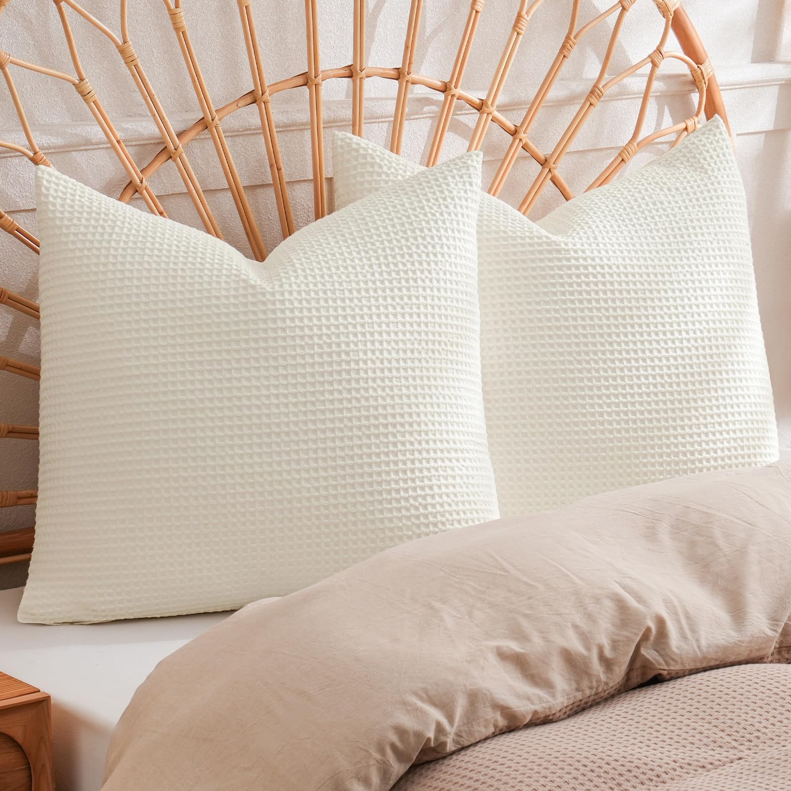 Phf 100% Cotton Waffle Throw Pillow Covers 24'X24', No Filling, 2 Pack Elegant Home Decorative Square Throw Pillow Covers For Bed Couch Sofa,Cream