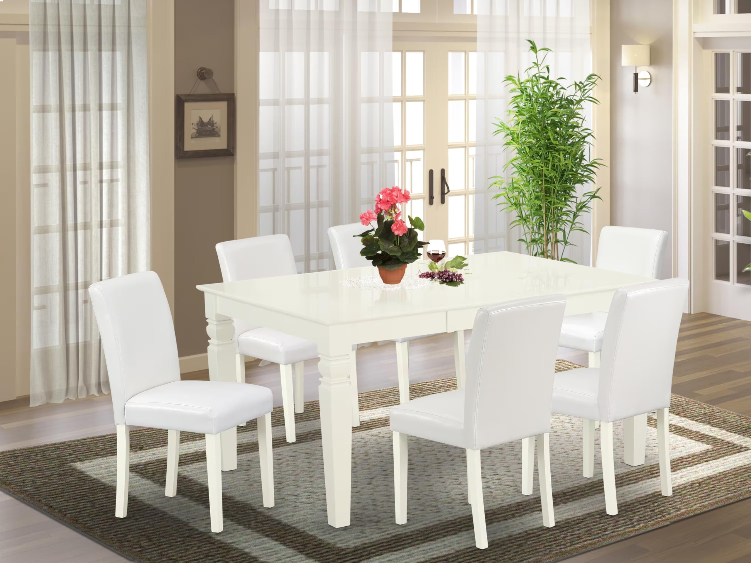 East West Furniture Weab7-Lwh-64 7 Piece Dinette Set Consist Of A Rectangle Dining Room Table With Butterfly Leaf And 6 White Faux Leather Parson Dining Chairs, 42X60 Inch, Linen White