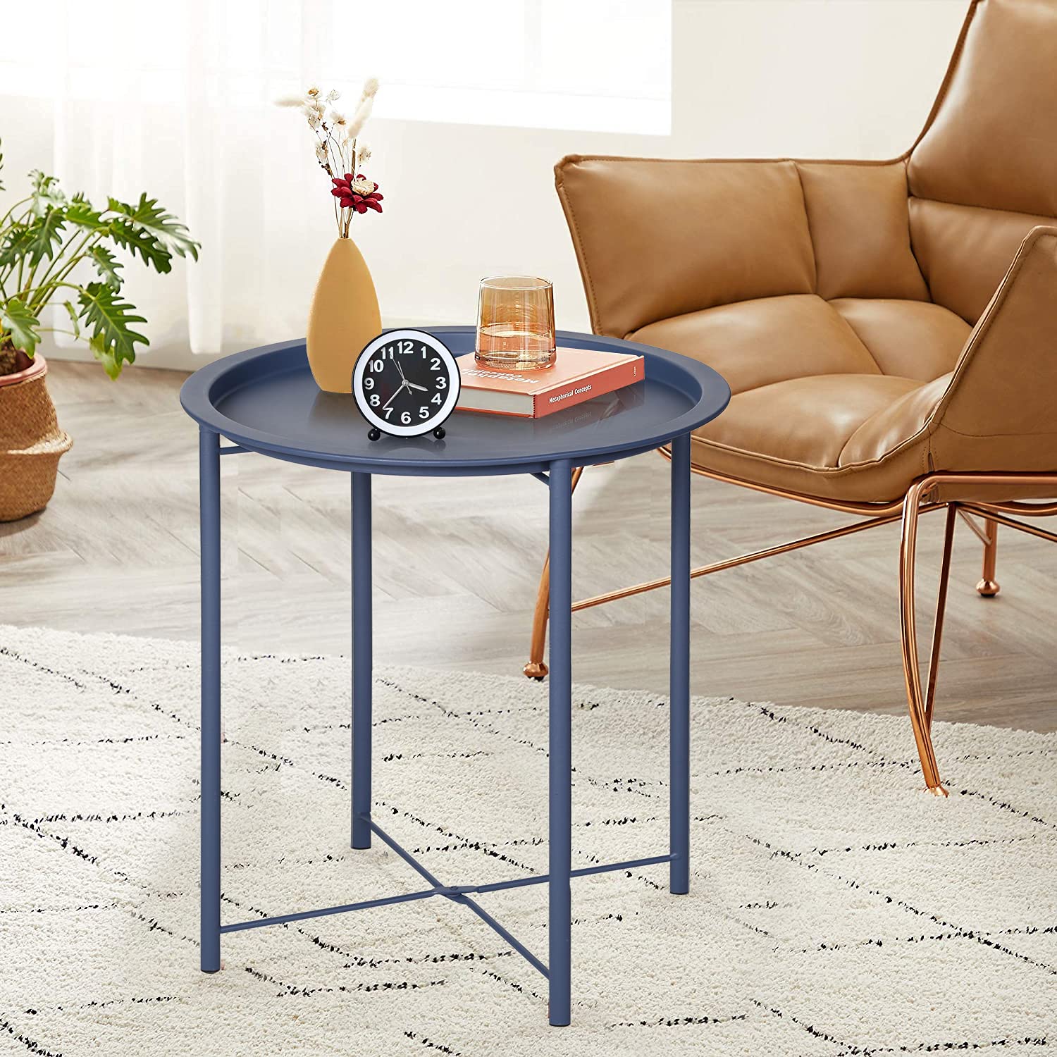 Vecelo Side/End Table, Folding Round Metal Anti-Rust And Waterproof Outdoor Or Indoor Tray For Living Room Bedroom Balcony And Office, 1 Pcs, Blue