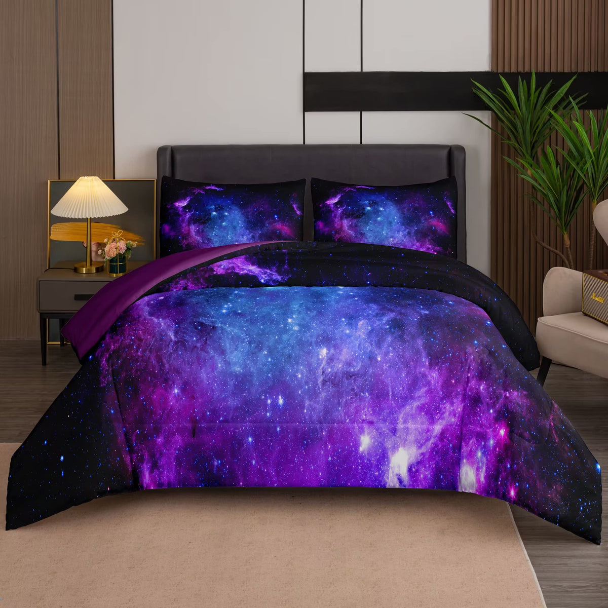Ninenine Galaxy Comforter Space Bedding Set Queen Size For Teen Kids, Girls Purple Comforter Set Printed With 1 Comforter 2Pillo