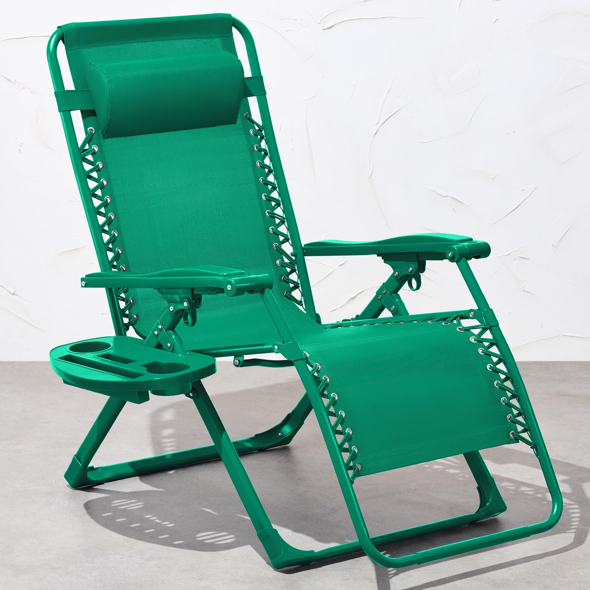 Best Choice Products Adjustable Zero Gravity Chair, Monochromatic Color Folding Patio Recliner W/Side Tray, Headrest - Emerald