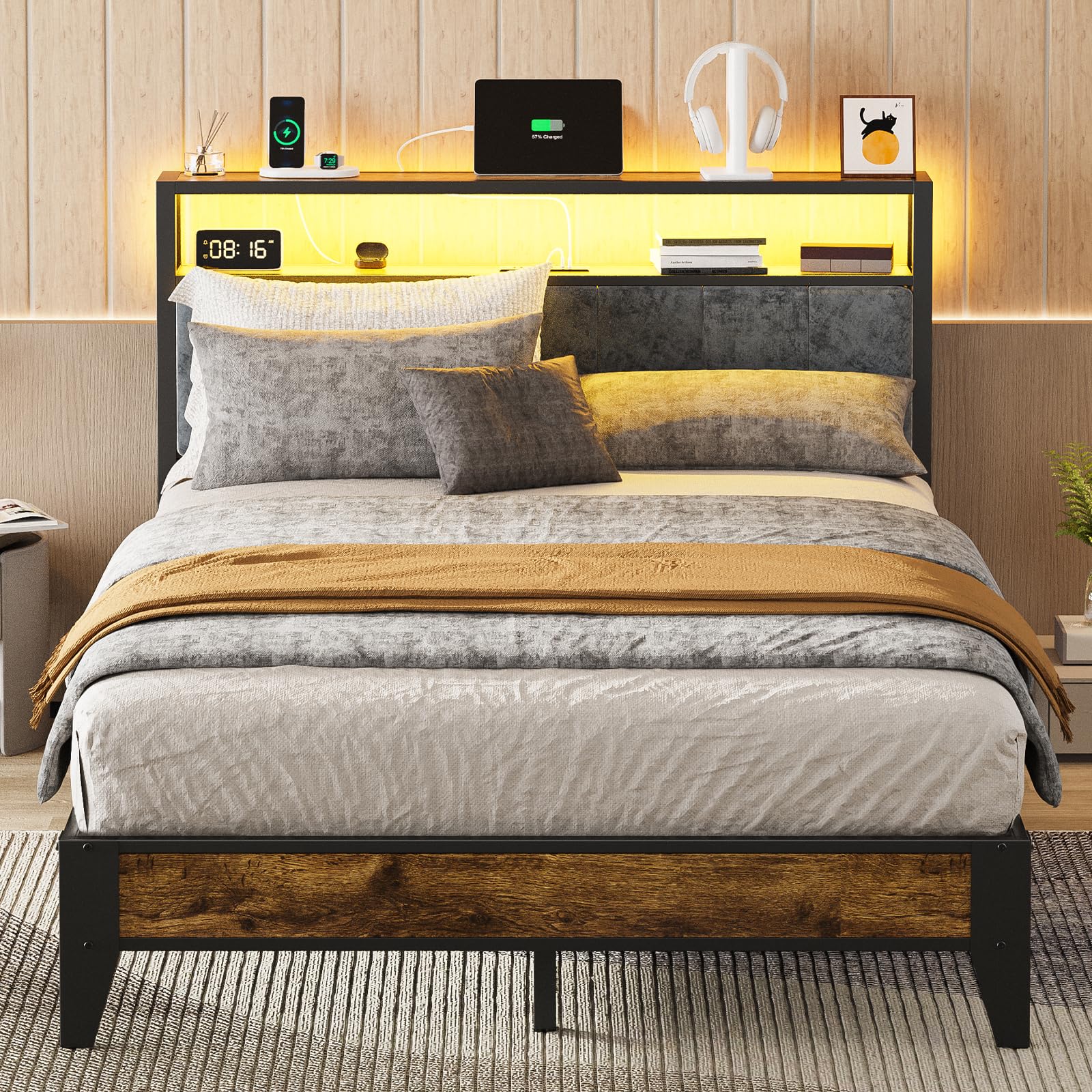 OLEVS Full Bed Frame with Headboard, Metal Platform Bed Full Size with 2-Tier Storage, LED Light & Charging Station Type C, No B