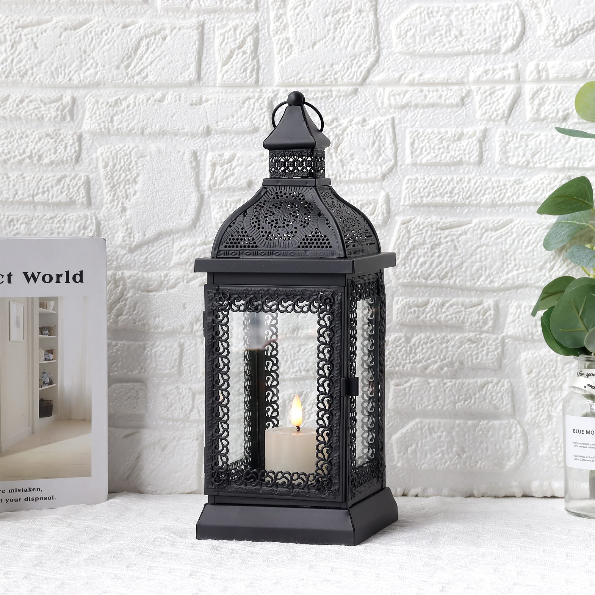 TRIROCKS Rustic Style Metal Candle Lantern 13 High Decorative Outdoor Lantern Candle Holder with Tempered Glass for Thanksgivi