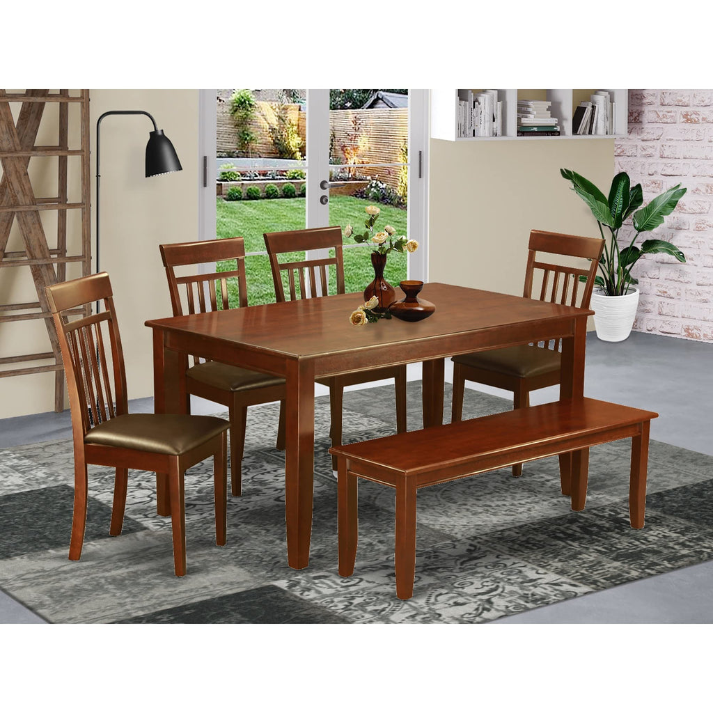 East West Furniture Dudley 6 Piece Set Contains a Rectangle Kitchen Table and 4 Faux Leather Dining Chairs with a Bench, 36x60 Inch, Mahogany