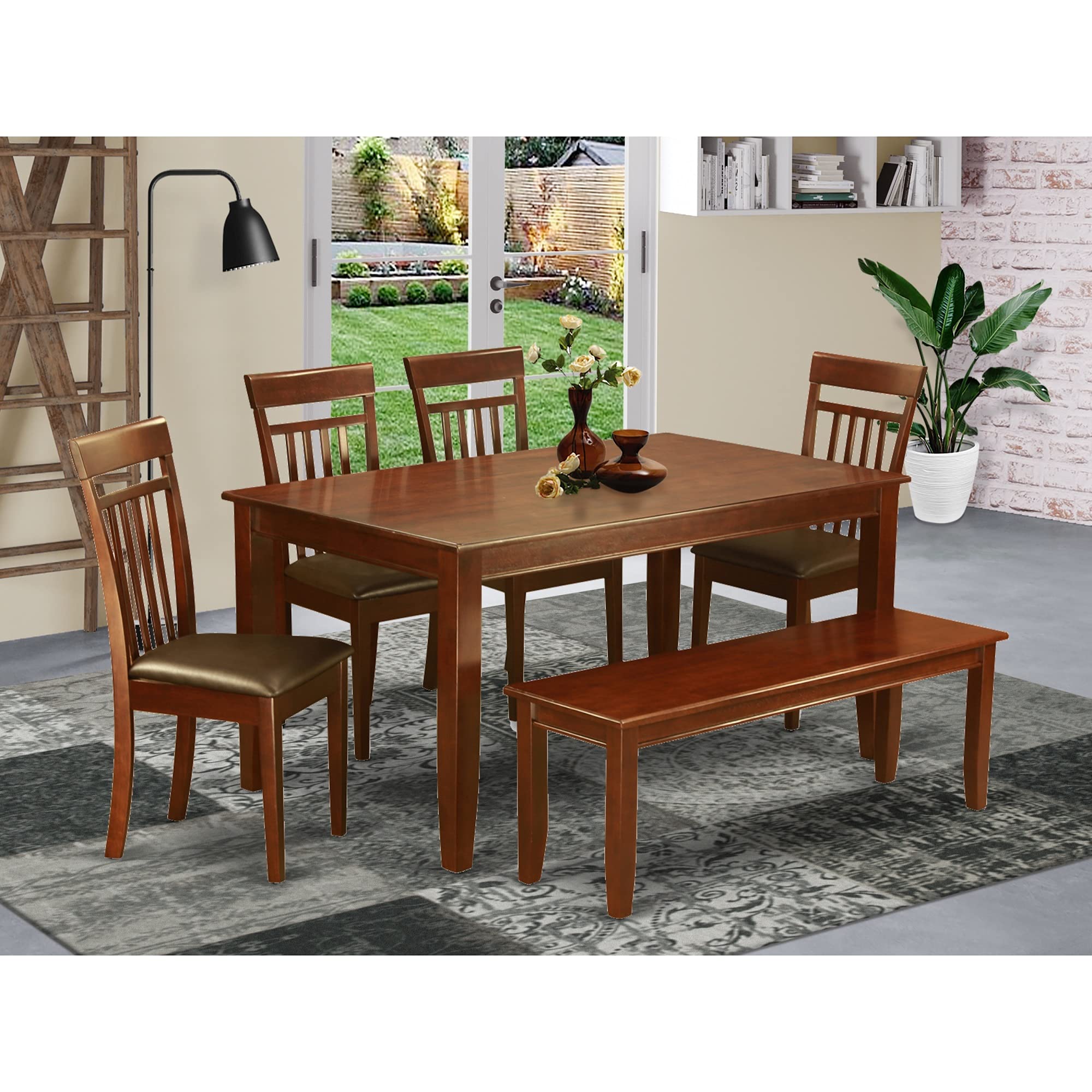 East West Furniture Dudley 6 Piece Set Contains a Rectangle Kitchen Table and 4 Faux Leather Dining Chairs with a Bench, 36x60 Inch, Mahogany