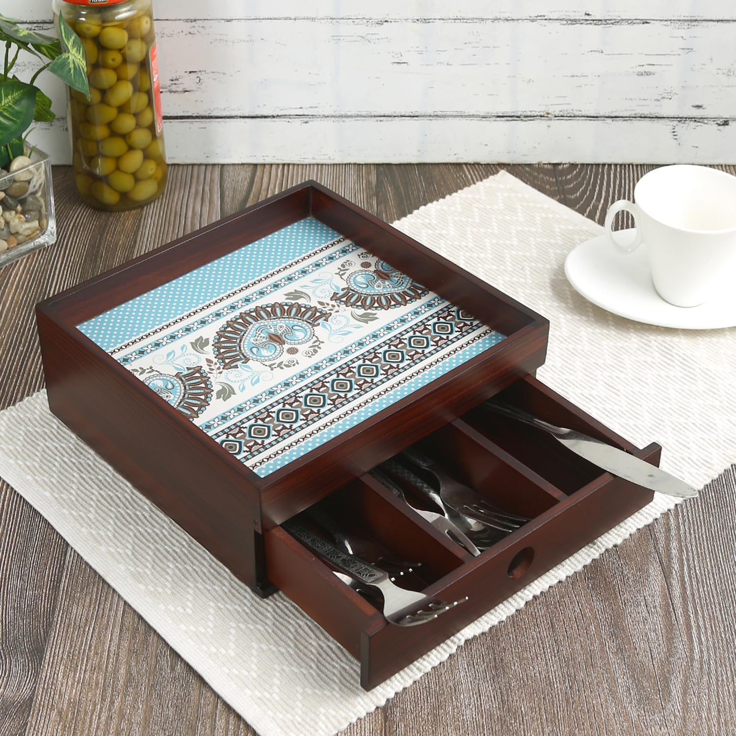 Reinvention Factory TwoTier Wooden Organiser With Sliding Drawer  Desk Caddy/Cutlery Box/Jewellery & Vanity Storage | Ethnic O