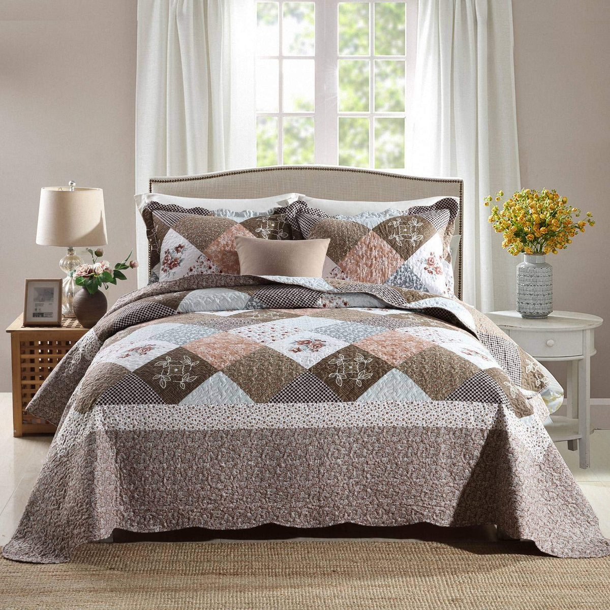Honeilife Quilt Set Twin Size - 2 Piece Microfiber Quilts Reversible Bedspreads Patchwork Coverlets Floral Bedding Set All Seaso