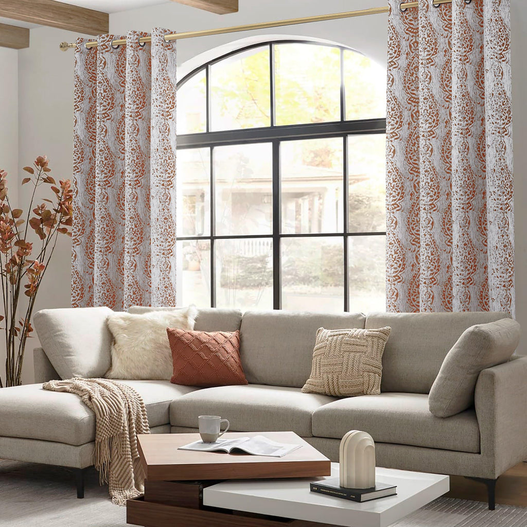 Mrs.Naturall Rusty Orange Curtains 63 Inch Length For Bedroom 2 Panels Grommet Burnt Orange Medallion Patterned Damask Moroccan Design Semi Sheer Drapes For Living Room,Terracotta And Gray Cream