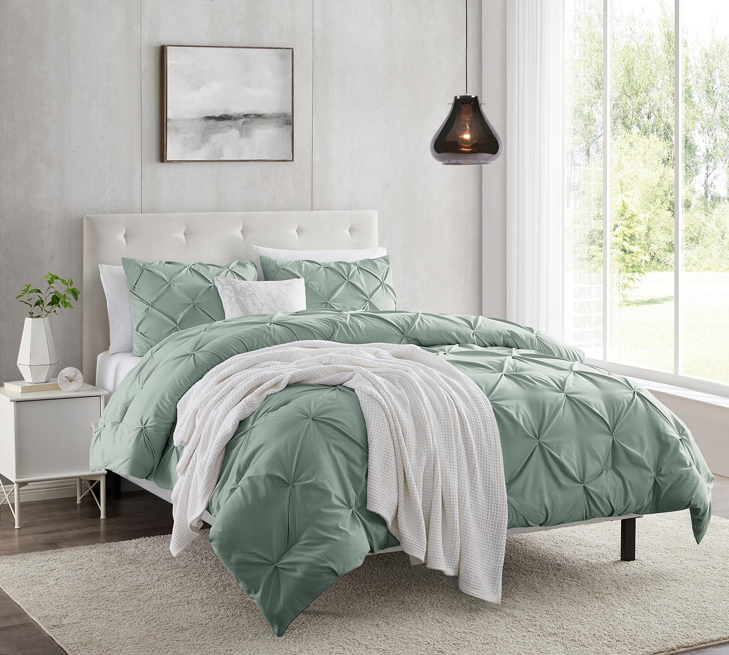 Nestl Sage Green Duvet Cover Queen Size - Pintuck Queen Duvet Cover Set, 3 Piece Double Brushed Duvet Covers With Button Closure