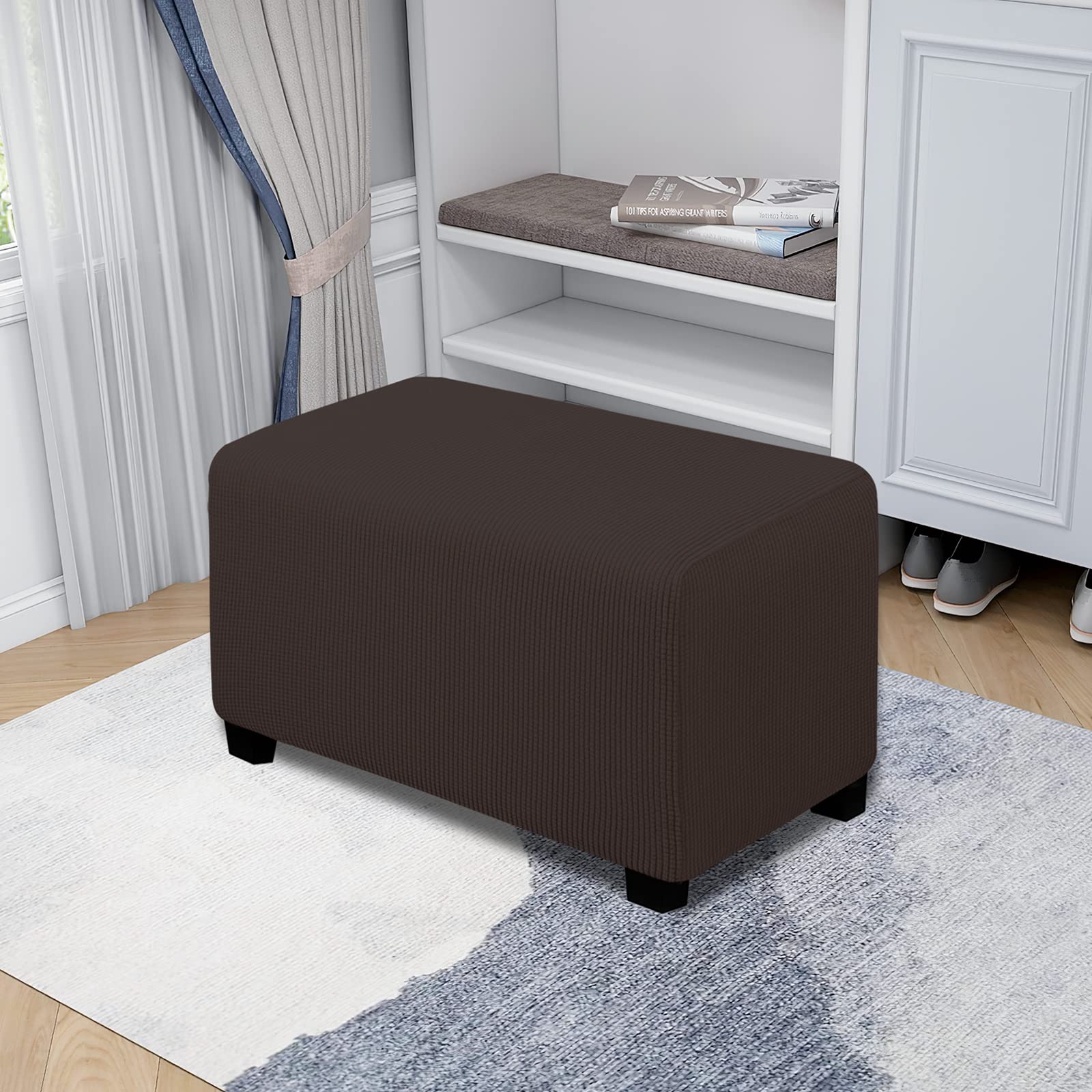 Easy-Going Stretch Ottoman Cover Folding Storage Stool Furniture Protector Soft Rectangle Slipcover With Elastic Bottom(Ottoman Small,Chocolate)
