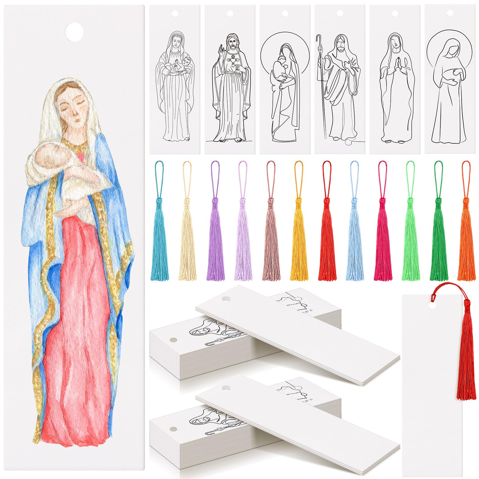 Sinmoe 120 Pcs Christmas Saint Icon Color Your Own Bookmarks 6 Styles Watercolor Bookmarks to Paint Card Stock Paper Watercolor 