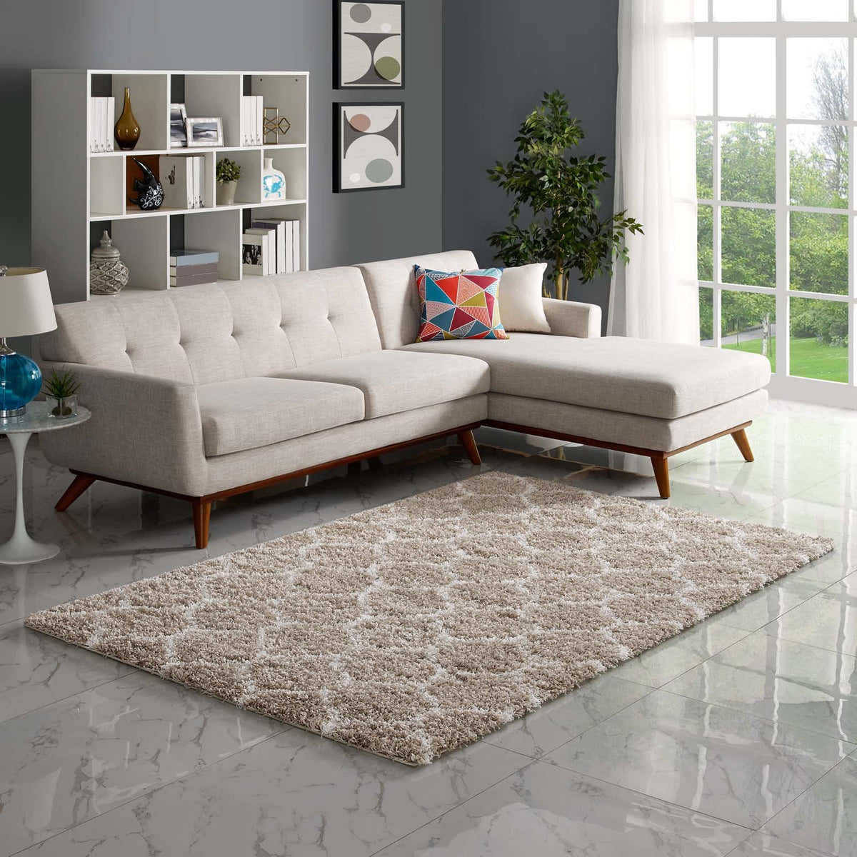 Modway Solvea Moroccan Trellis High Pile Shag 5X8 Area Rug With Lattice Design In Beige And Ivory