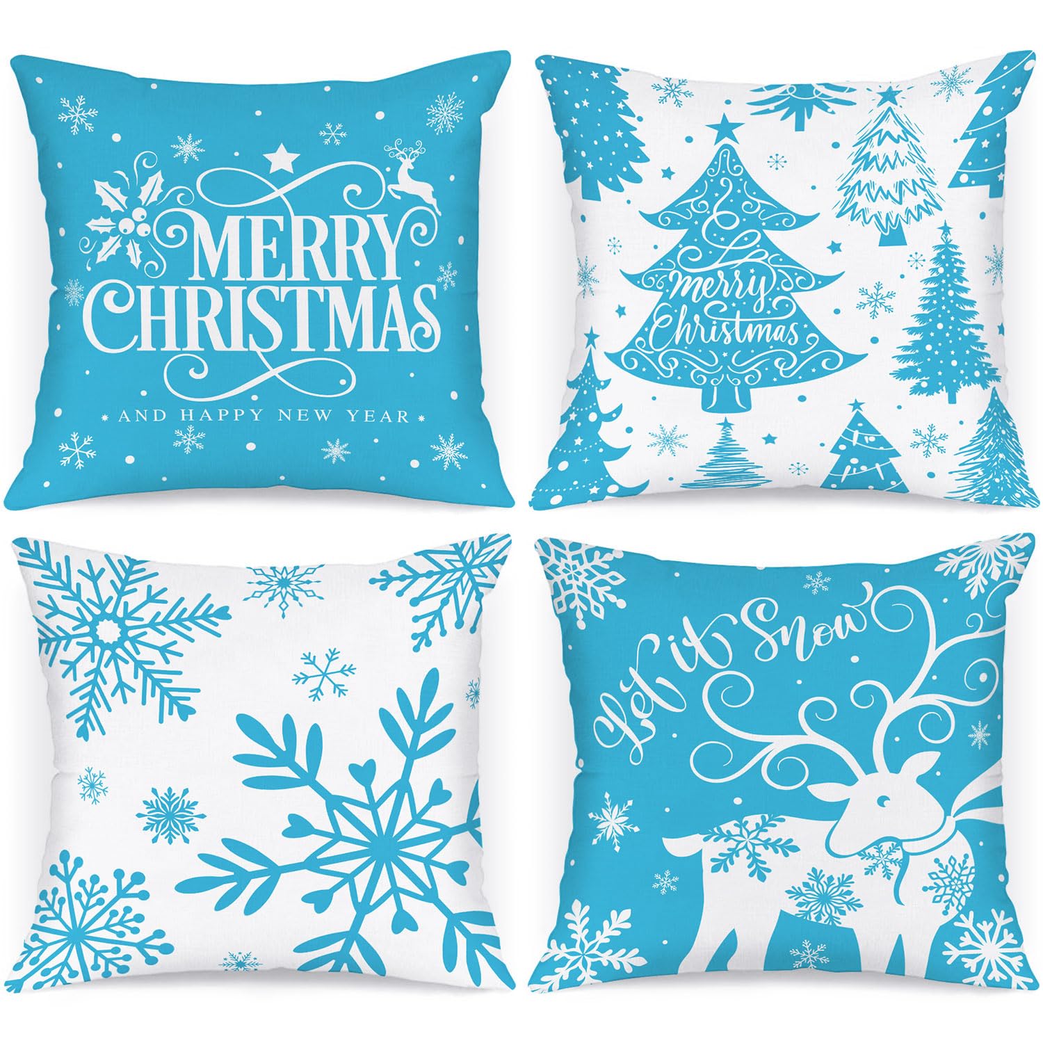 Lanpn White And Blue 18X18 Christmas Pillow Covers Set Of 4, Decorative 18 Inch Winter Snowflake Throw Pillow Case Xmas Cushion