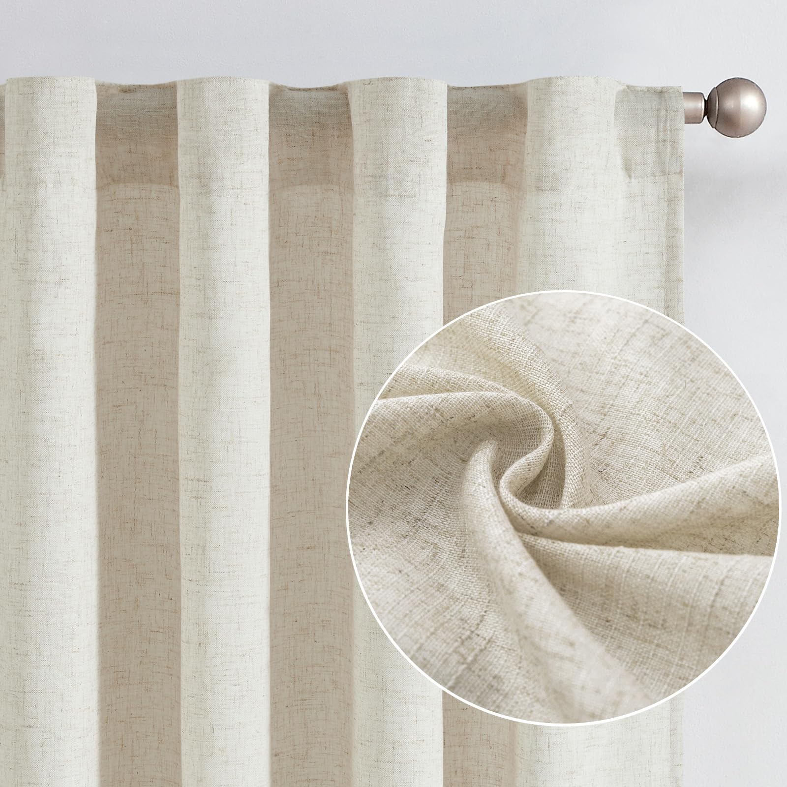 Jinchan Linen Blend Beige Curtains 90 Inch Length For Living Room Farmhouse Rod Pocket Back Tab Light Filtering Window Drapes With Lined For Bedroom Crude 2 Panels