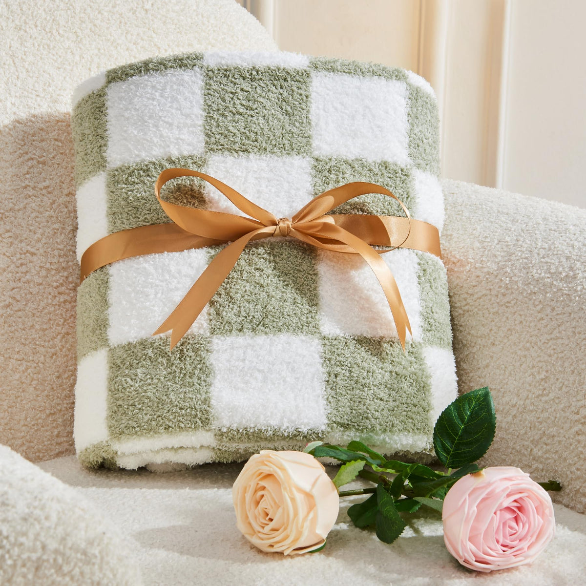 Bedelite Checkered Blanket - Reversible Soft Cozy Fuzzy Blanket, 350Gsm Warm Fluffy Throw Blanket For Couch, Bed, Travel (Sage G