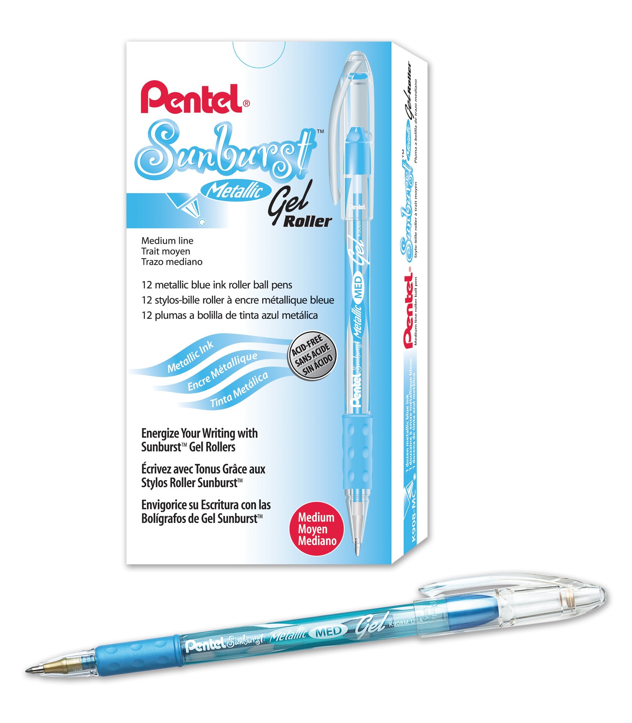 Pentel Sunburst Metallic Gel Pen, 0.8Mm Tip Writes 0.4Mm Line, Blue/Transparent Barrel Blue Ink, Box Of 12 (K908-Mc)