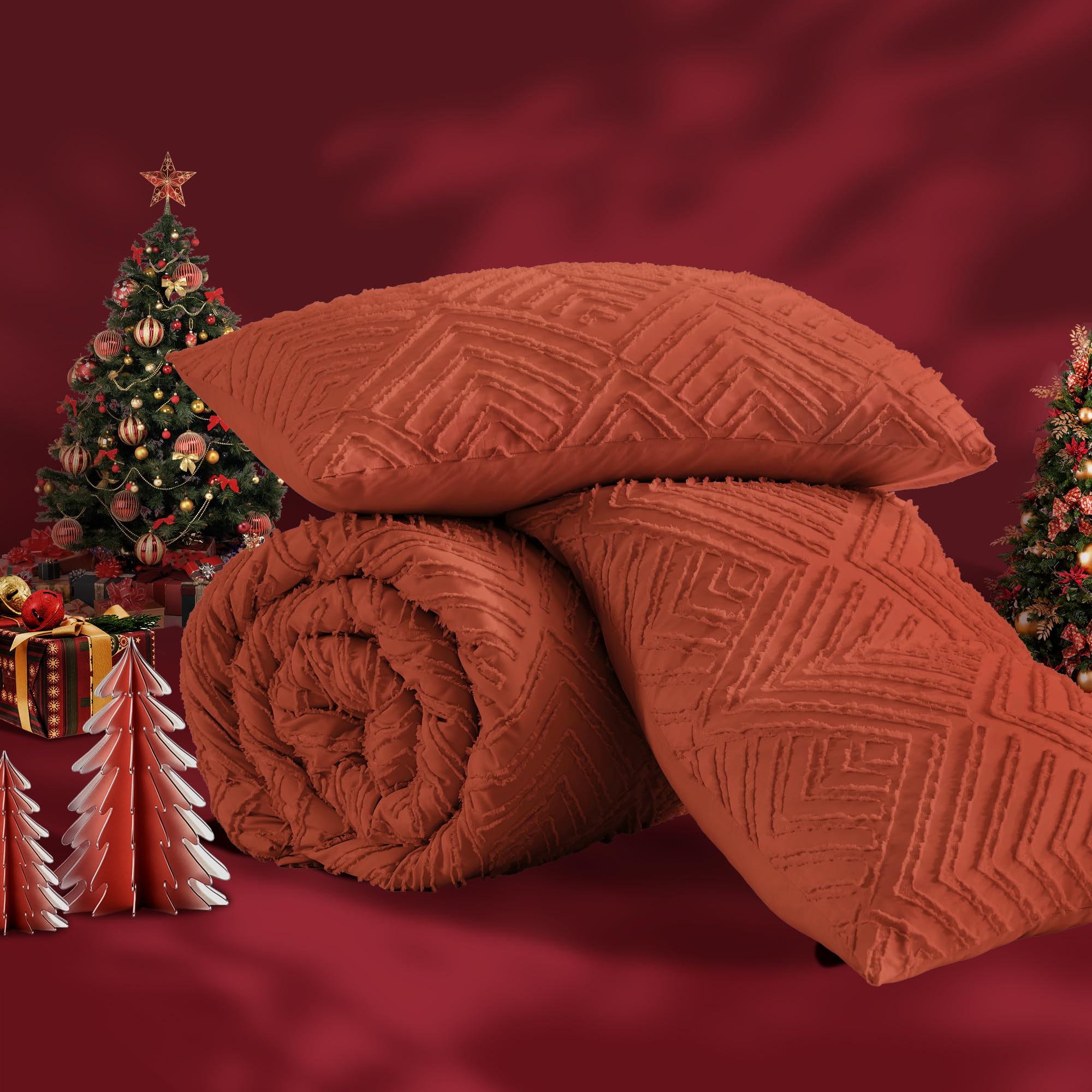 Andency Comforter King Size Set Burnt Orange, Terracotta Boho Fall Lightweight Bedding Comforters & Sets For King Bed, 3 Pieces Rust Tufted Bedding Set & Collections Soft Breathable All Season