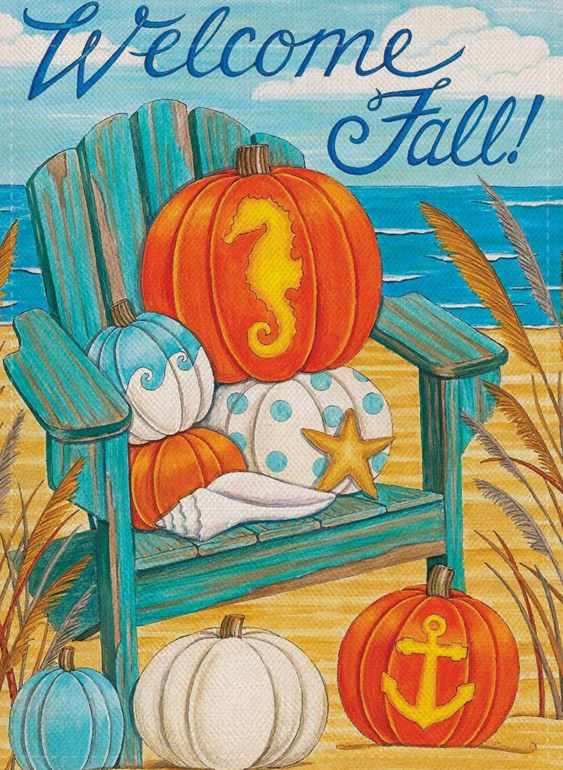 Covido Welcome Fall Garden Flag Home Decorative Blue White Pumpkin House Yard Outside Beach Small Flag Autumn Nautical Seahorse