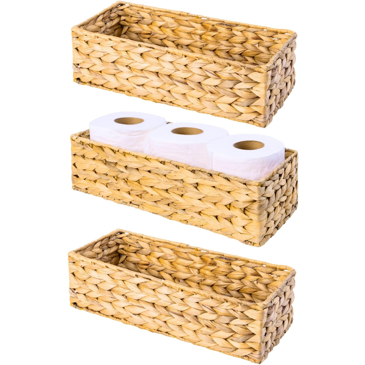 M4DECOR Set of 3 Wicker Toilet Paper Holders  Toilet Tank Basket, Back of Toilet Basket, Wicker Baskets for Storage and Decorat