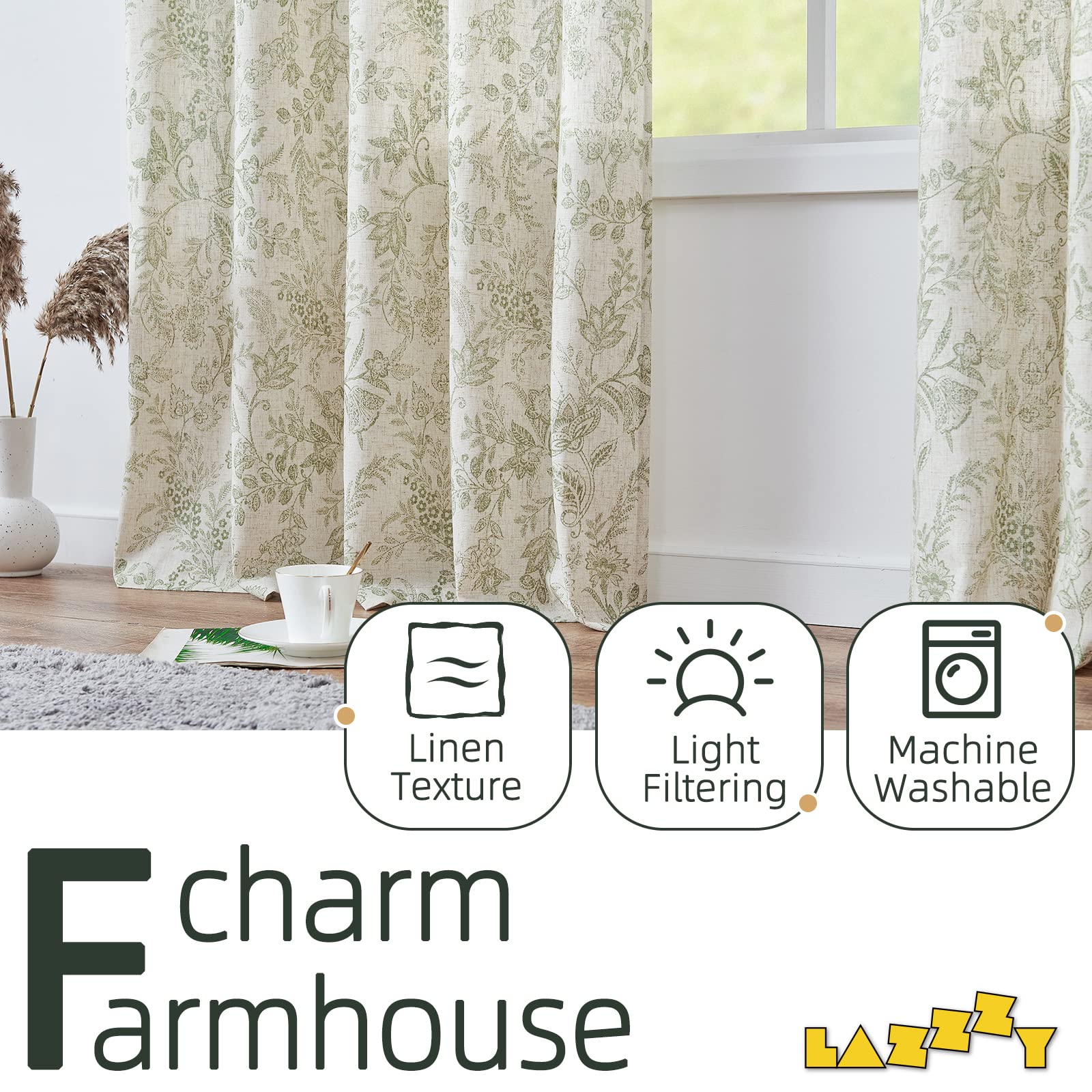 Lazzzy Green Floral Linen Farmhouse Curtains 108 Inches Long Back Tab Drapes For Living Room Bedroom Light Filtering Country Vin