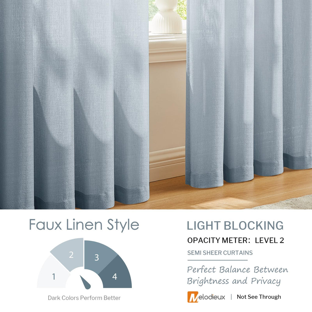 Melodieux Dusty Blue Semi Sheer Curtains 108 Inches Long For Living Room Bedroom, Extra Long Linen Look Rustic Rod Pocket Sheer