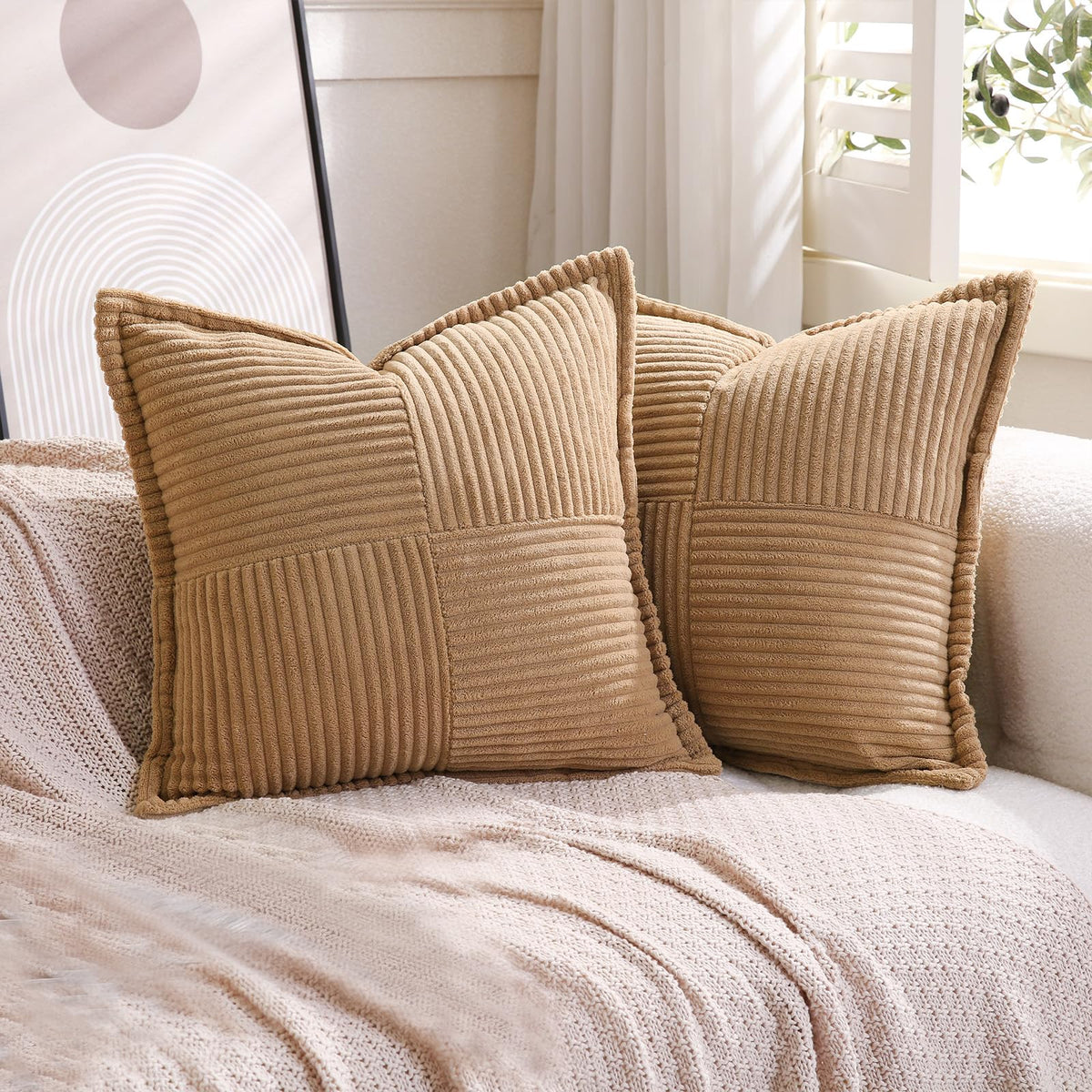 Puncuntex Corduroy Throw Pillow Covers Set Of 2 Boho Decorative Khaki 22?22 Inch,Super Soft Pillowcase Cozy Striped Texture Cush