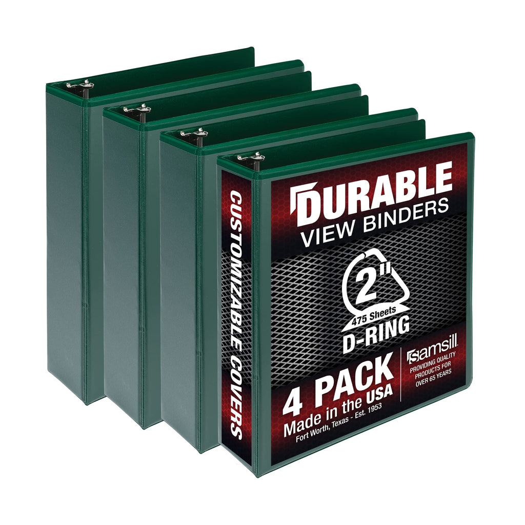 Samsill Durable 2 Inch Binder, Made In The Usa, D Ring Binder, Customizable Clear View Binder, Green, 4 Pack, Each Holds 475 Pag