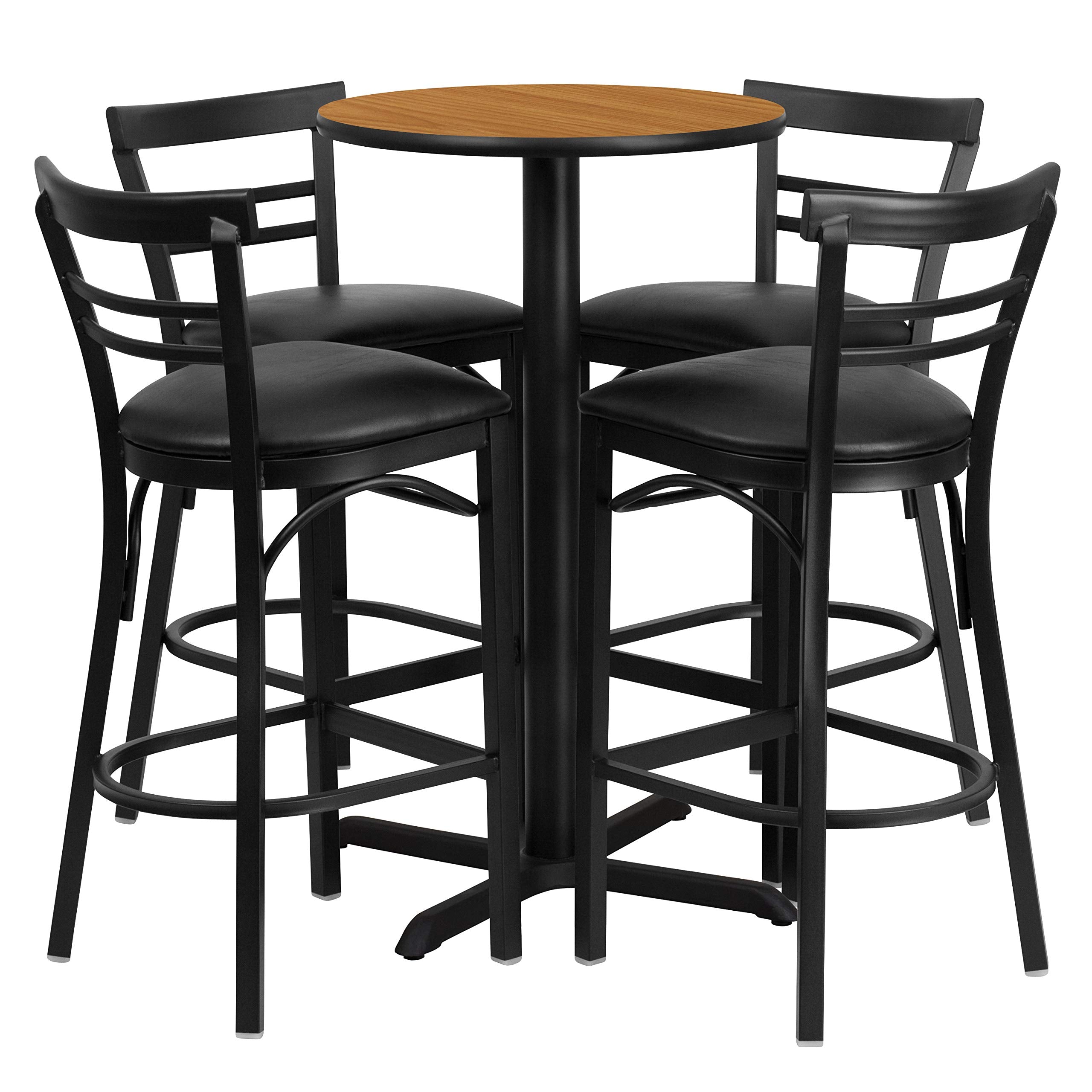 Flash Furniture Carlton 24'' Round Natural Laminate Table Set With X-Base And 4 Two-Slat Ladder Back Metal Barstools - Black Vinyl Seat