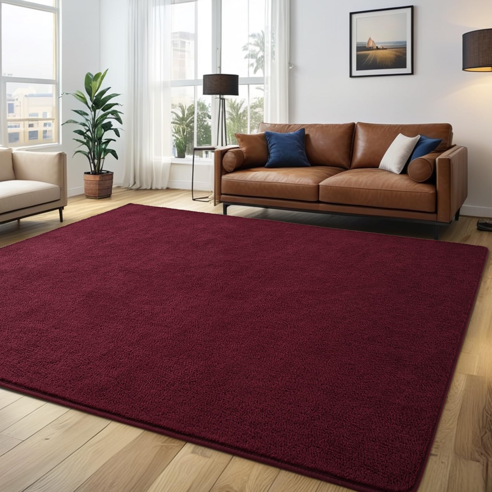 Larhom Modern Soft Area Rugs Memory-Foam Bedroom Carpet, 4X6 Feet Burgundy Red Carpet For Boys Girls Living Room, Dorm Nursery D
