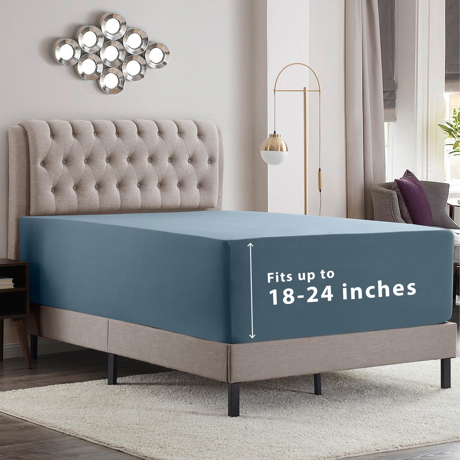 Empyrean Extra Deep Full Size Fitted Sheet With Deep Pocket, 18-24 Inch, Soft Microfiber 110 Gsm, Stone Blue