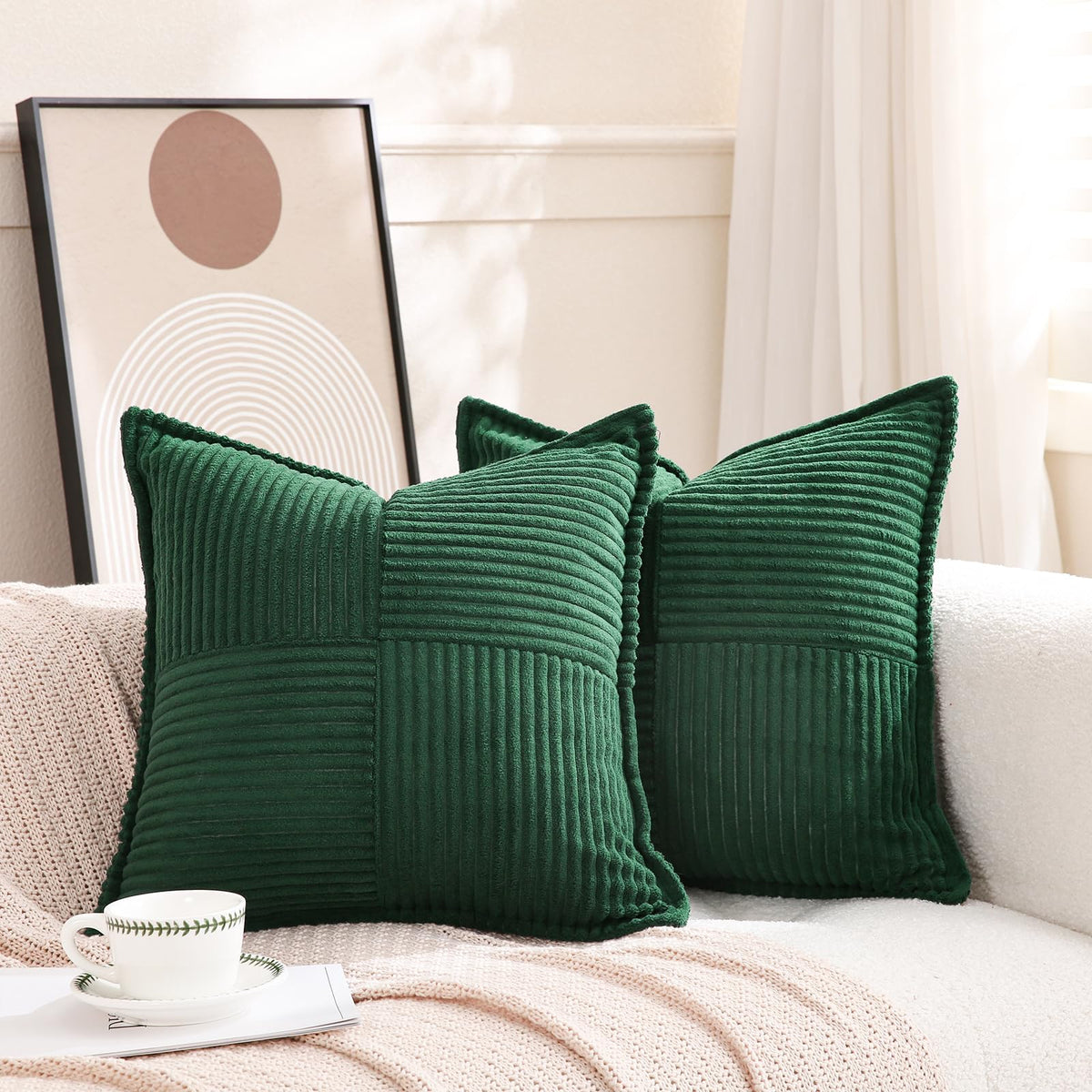 Puncuntex Corduroy Throw Pillow Covers Set Of 2 Boho Decorative Green 16  16 Inch,Super Soft Pillowcase Cozy Striped Texture Cus