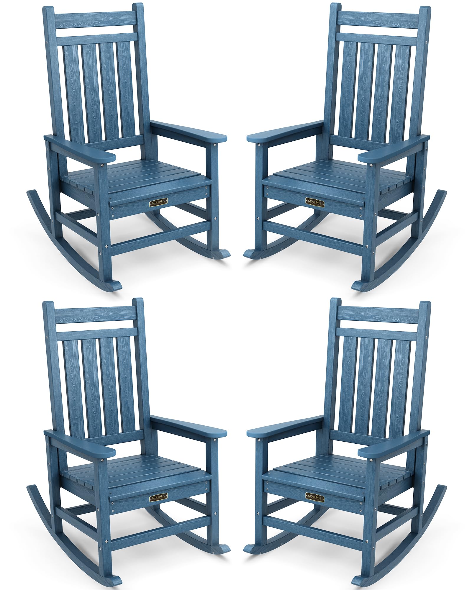 Serwall Outdoor Rocking Chair Set Of 4, Hdpe Rocking Chairs For Adult, All Weather Porch Rockers For Lawn Garden, Blue