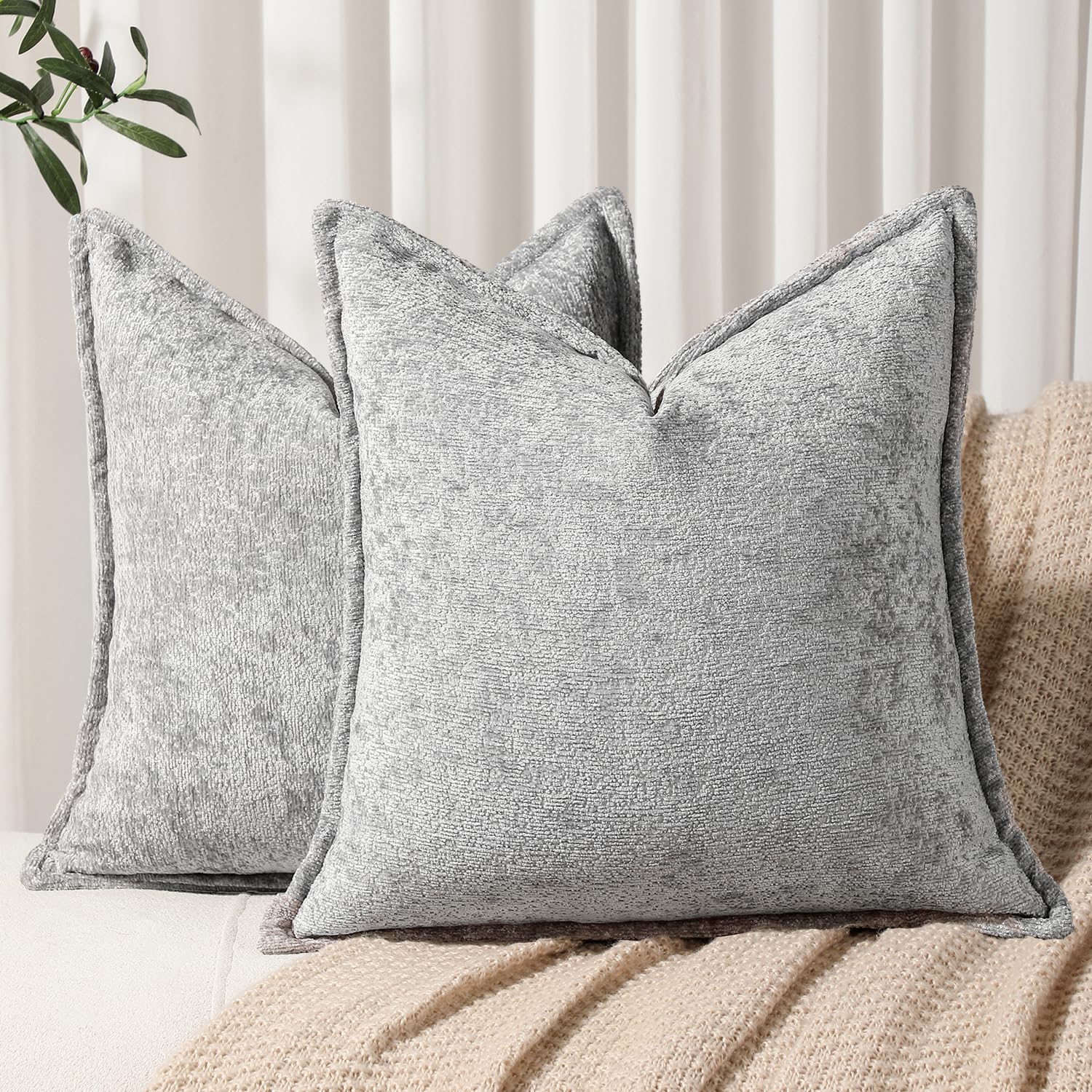 Dezene Pack Of 2 Light Gray Decorative Throw Pillow Covers 22X22 Cozy Soft Chenille Accent Vintage Square Couch Pillow Covers Fo