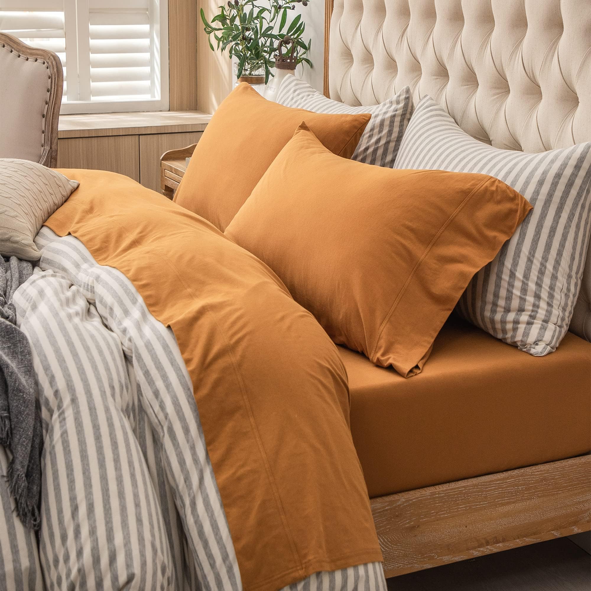 PURE ERA Jersey Knit 3pcs Bed Sheet Set 100% T-Shirt Heather Cotton Super Soft Comfy Breathable Fits Mattress Up to 20 Extra Dee