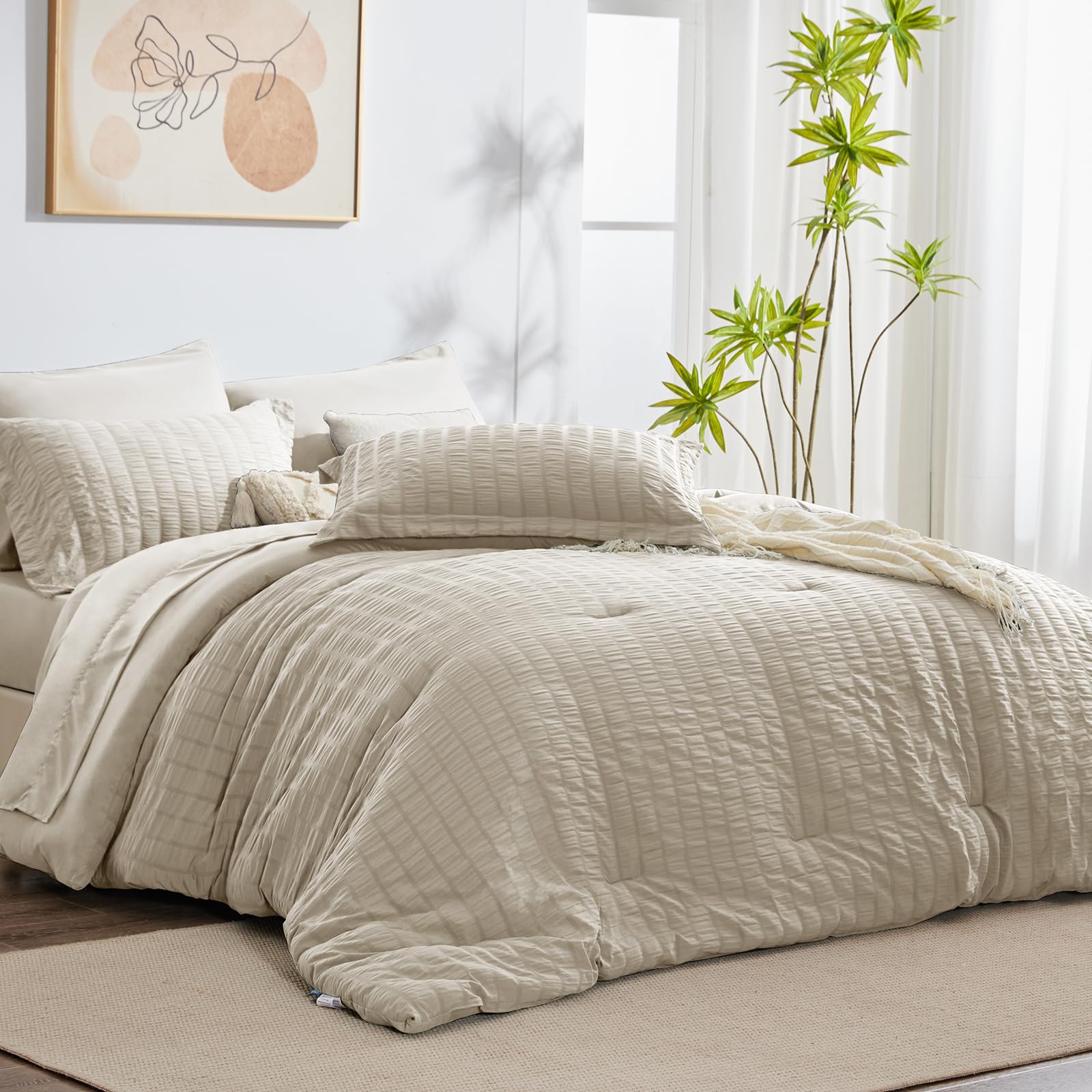 Cozylux King Seersucker Comforter Set With Sheets Oatmeal Bed In A Bag 7-Pieces All Season Bedding Sets With Comforter, Pillow Sham, Flat Sheet, Fitted Sheet, Pillowcase