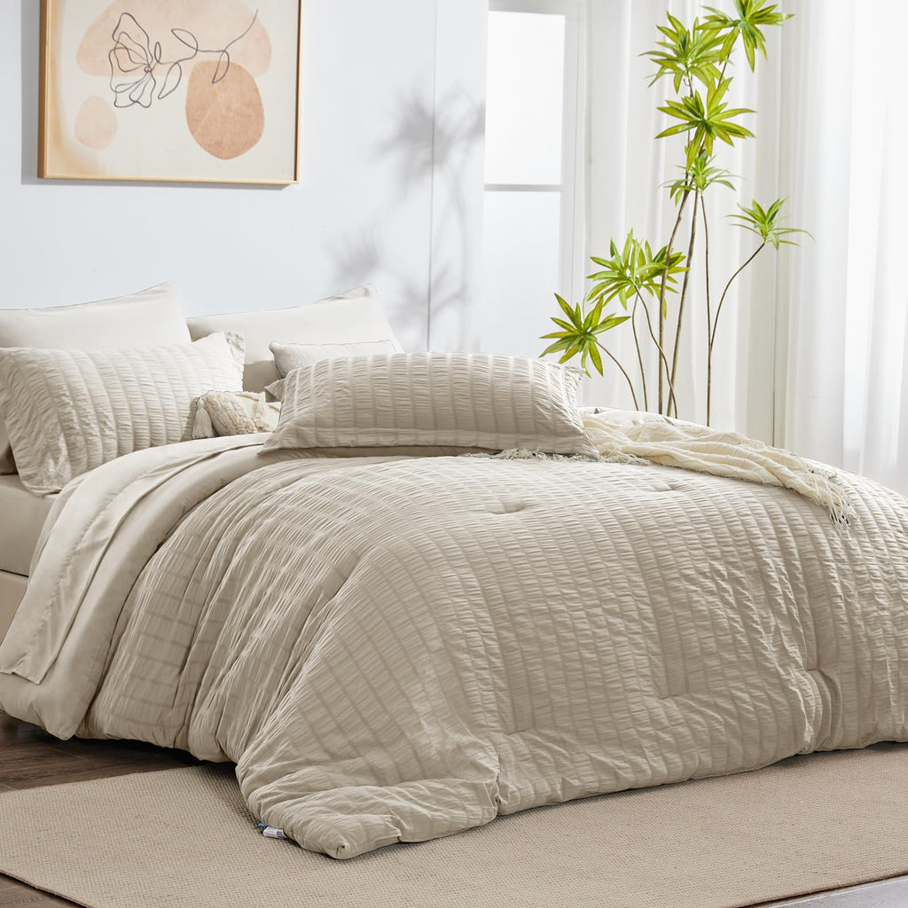 Cozylux Queen Seersucker Comforter Set With Sheets Oatmeal Bed In A Bag 7-Pieces All Season Bedding Sets With Comforter, Pillow Sham, Flat Sheet, Fitted Sheet, Pillowcase