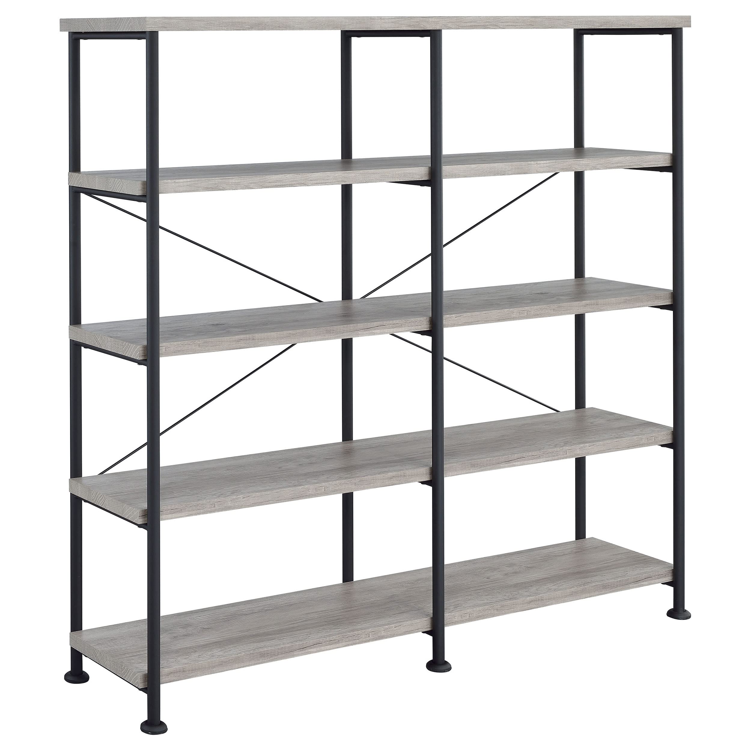 Coaster Home Furnishings Analiese Rustic Industrial 4-Tier Double Bookcase Etagere Bookshelf Office Storage Book Shelf Engineered Eco-Friendly Wood Laminate Sturdy Black Steel Grey Driftwood 801544