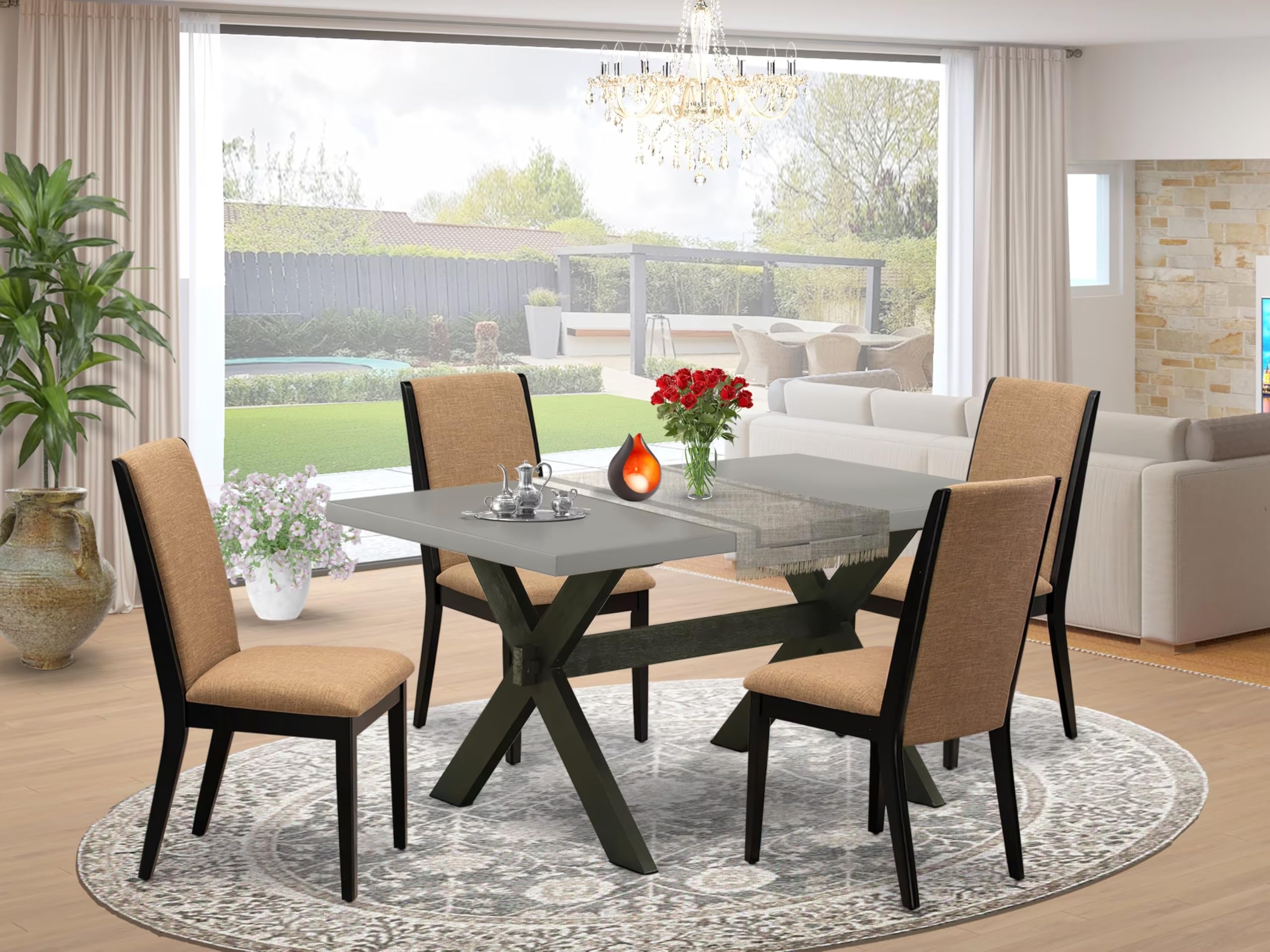 East West Furniture X696La147-5 5 Piece Dinette Set Includes A Rectangle Dining Room Table With X-Legs And 4 Light Sable Linen Fabric Upholstered Parson Chairs, 36X60 Inch, Multi-Color