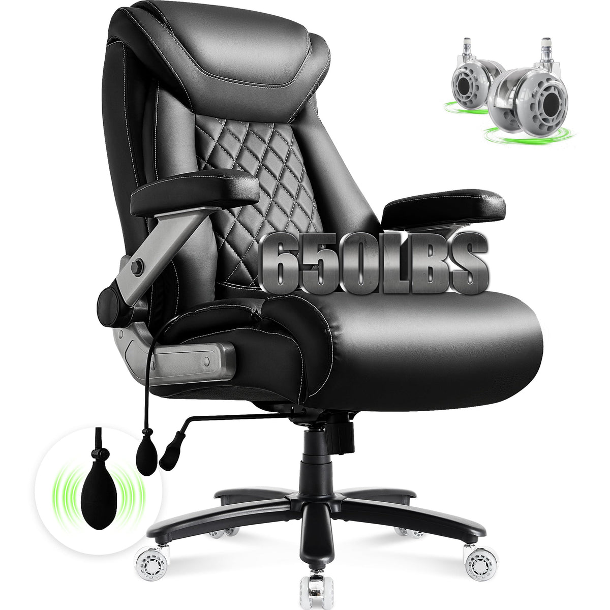 650Lbs Big And Tall Office Chair With Thick Spring Cushion, 5D Flip Arm Ergonomic Executive Office Chair Adjustable Lumbar Airba