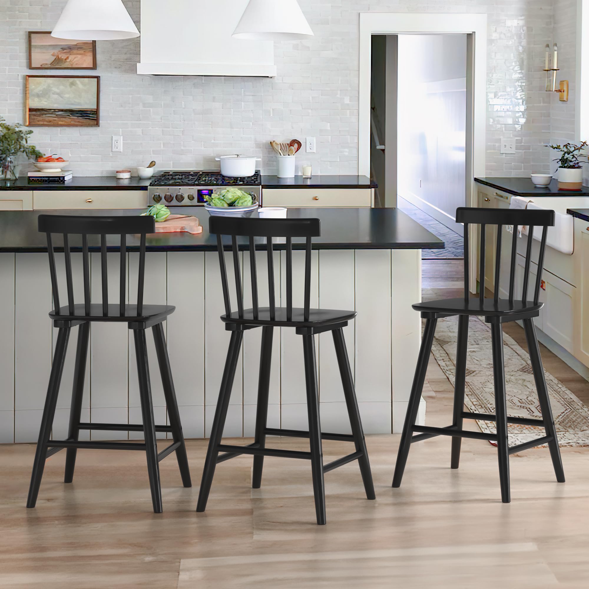 LUE BONA Windsor Wooden Bar Stools Set of 2 for Kitchen Island, Farmhouse 24 Inch Counter Height Stools Chairs with Spindle Back